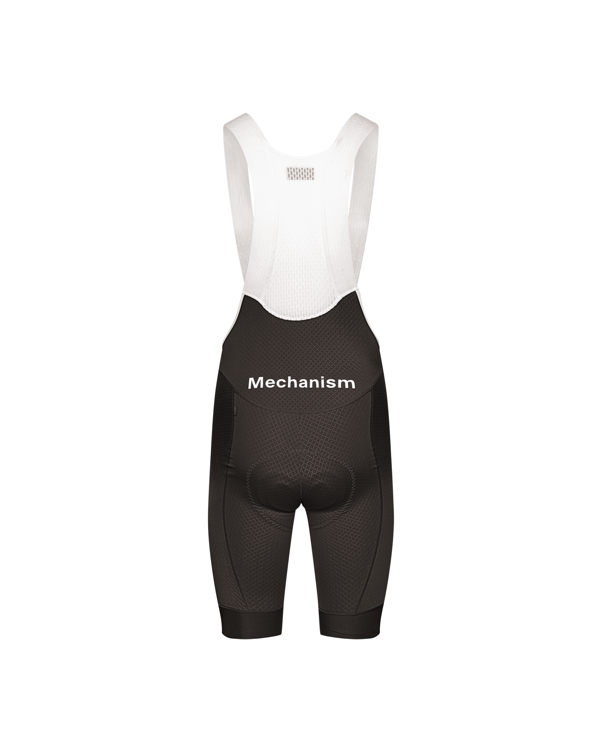 Dark Grey Mechanism bibs, front flat lay with white mesh straps and textured fabric panels