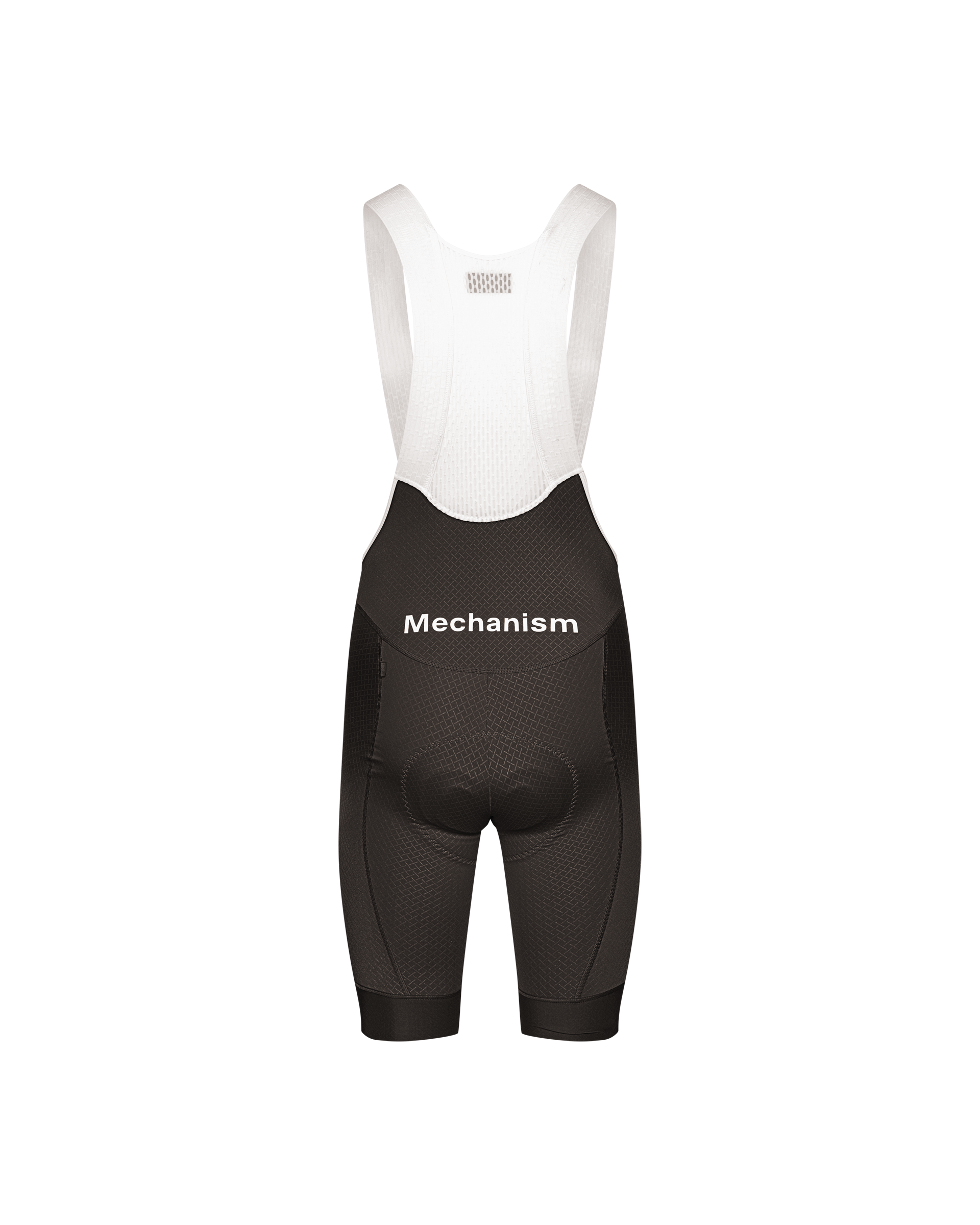 Dark Grey Mechanism bibs, front flat lay with white mesh straps and textured fabric panels