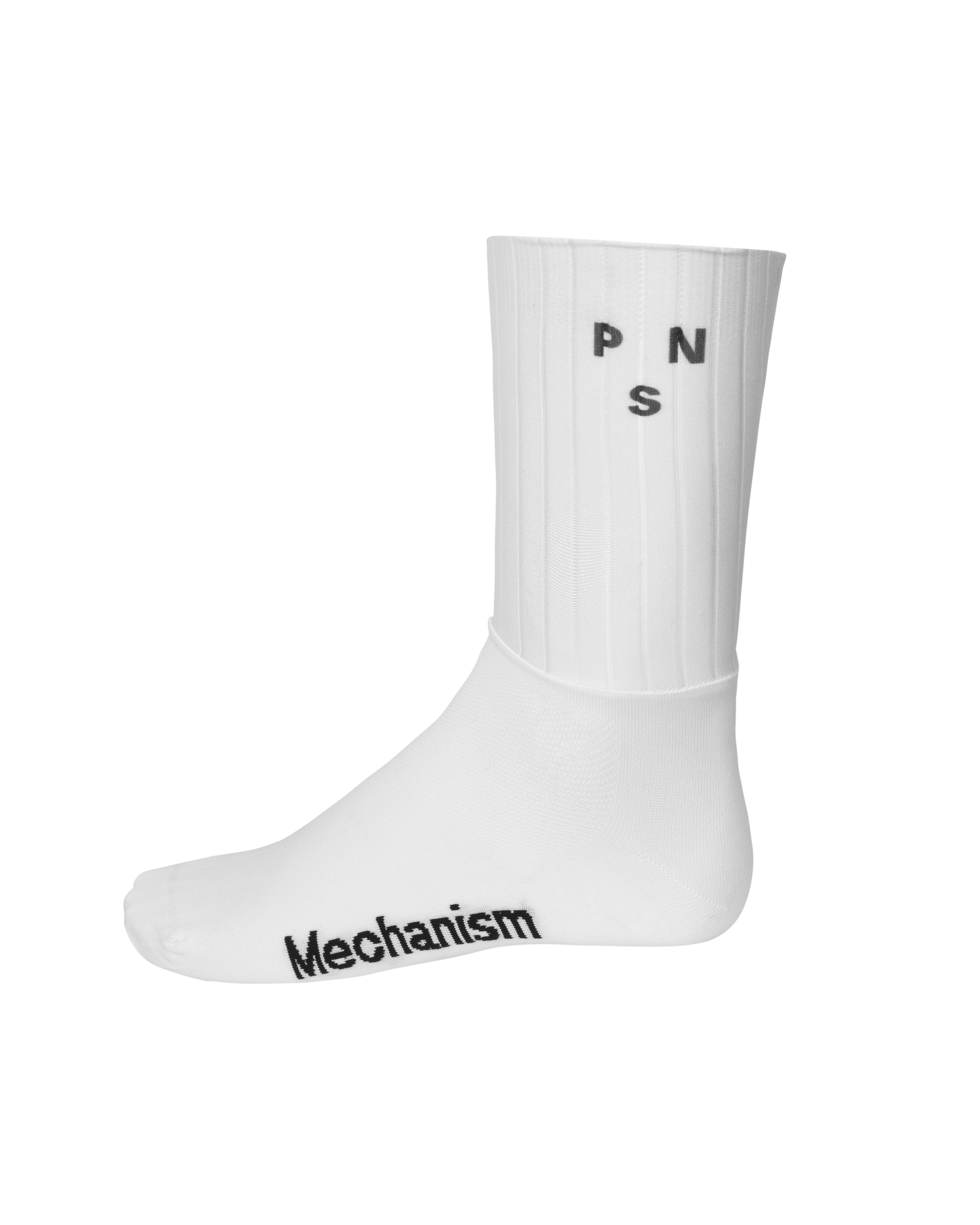 White Mechanism Aero cycling socks, side view with ribbed upper and PNS logo