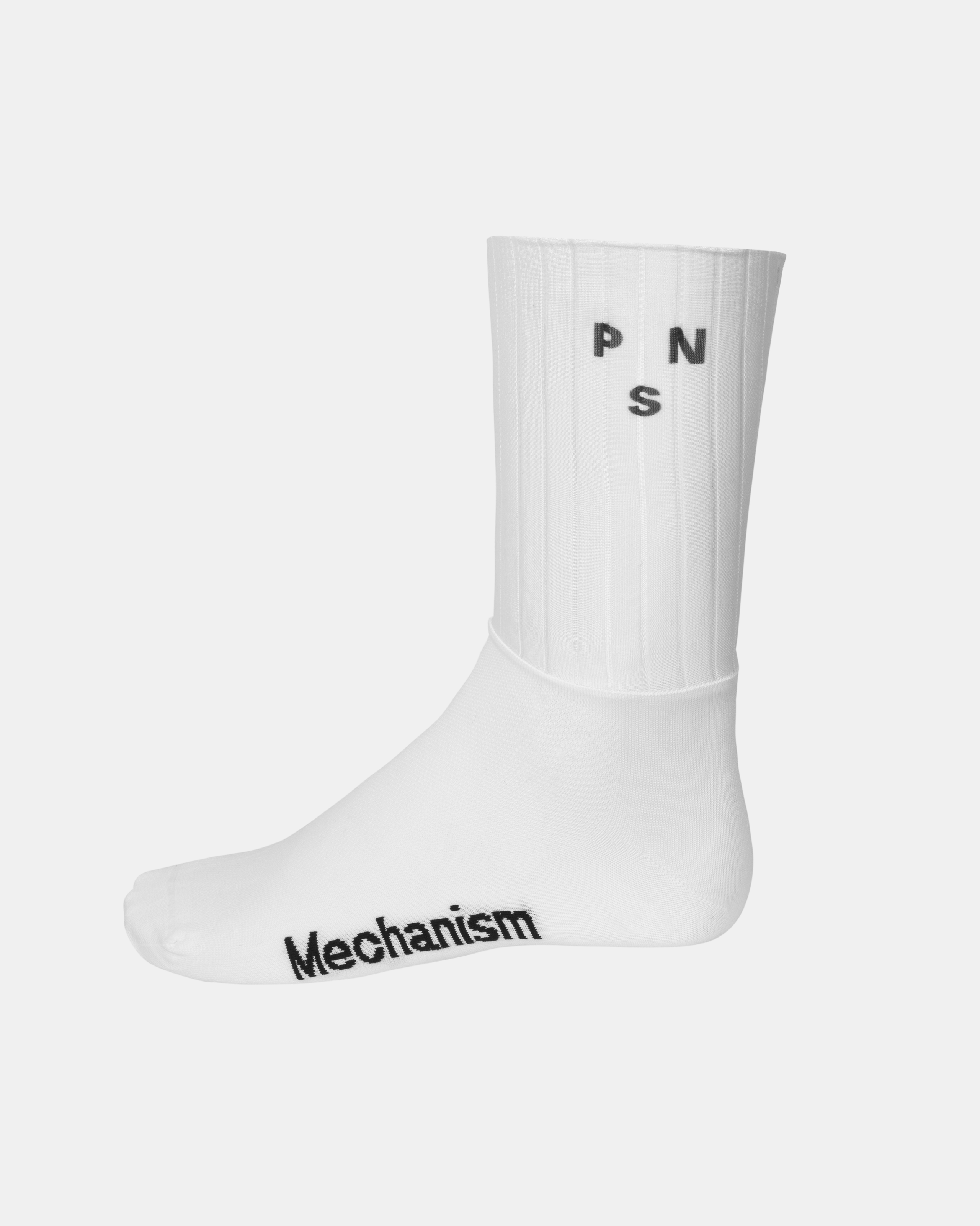 White Mechanism Aero cycling socks, side view with ribbed upper and PNS logo