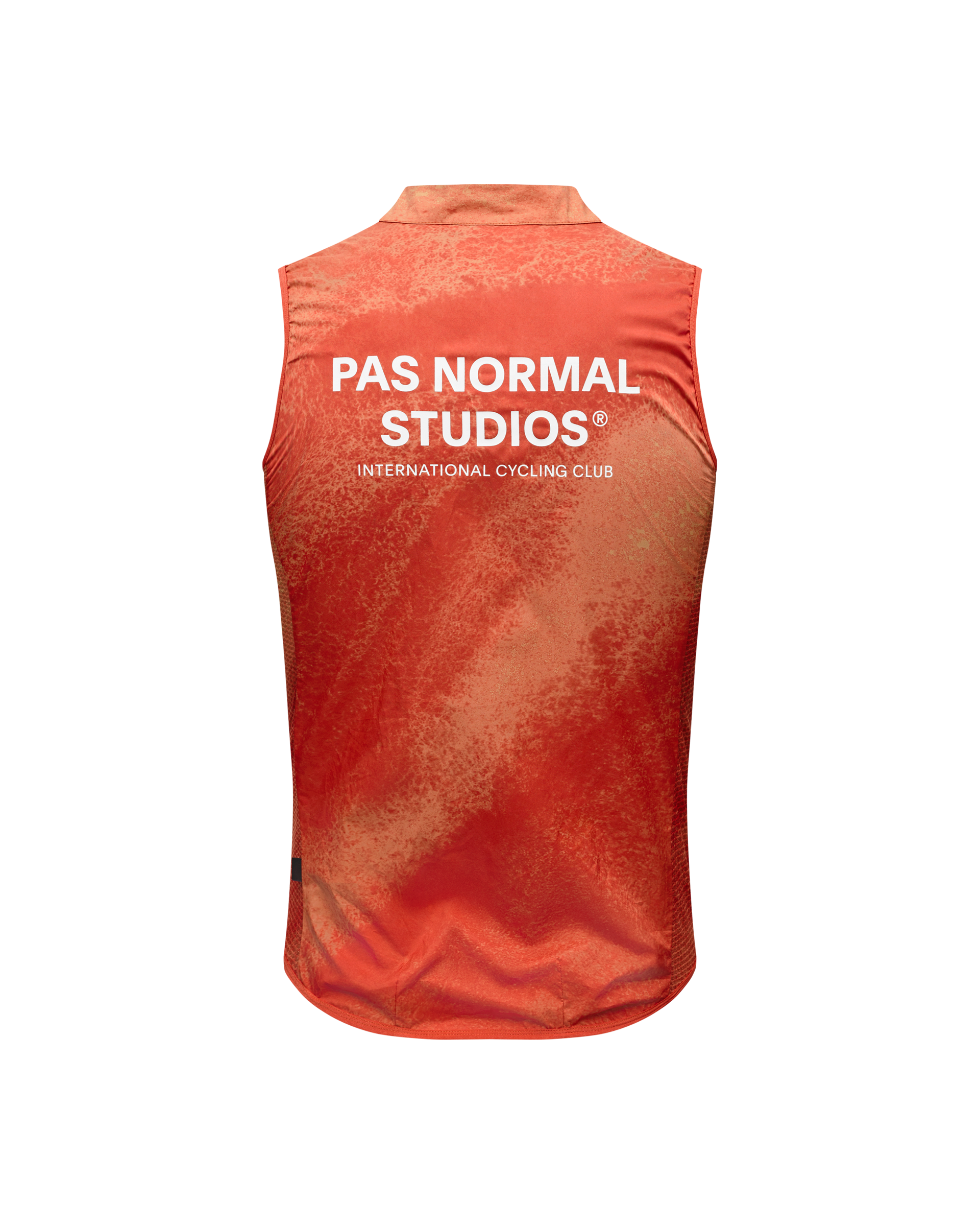 Orange Mechanism Stow Away cycling gilet, rear flat lay with white back print