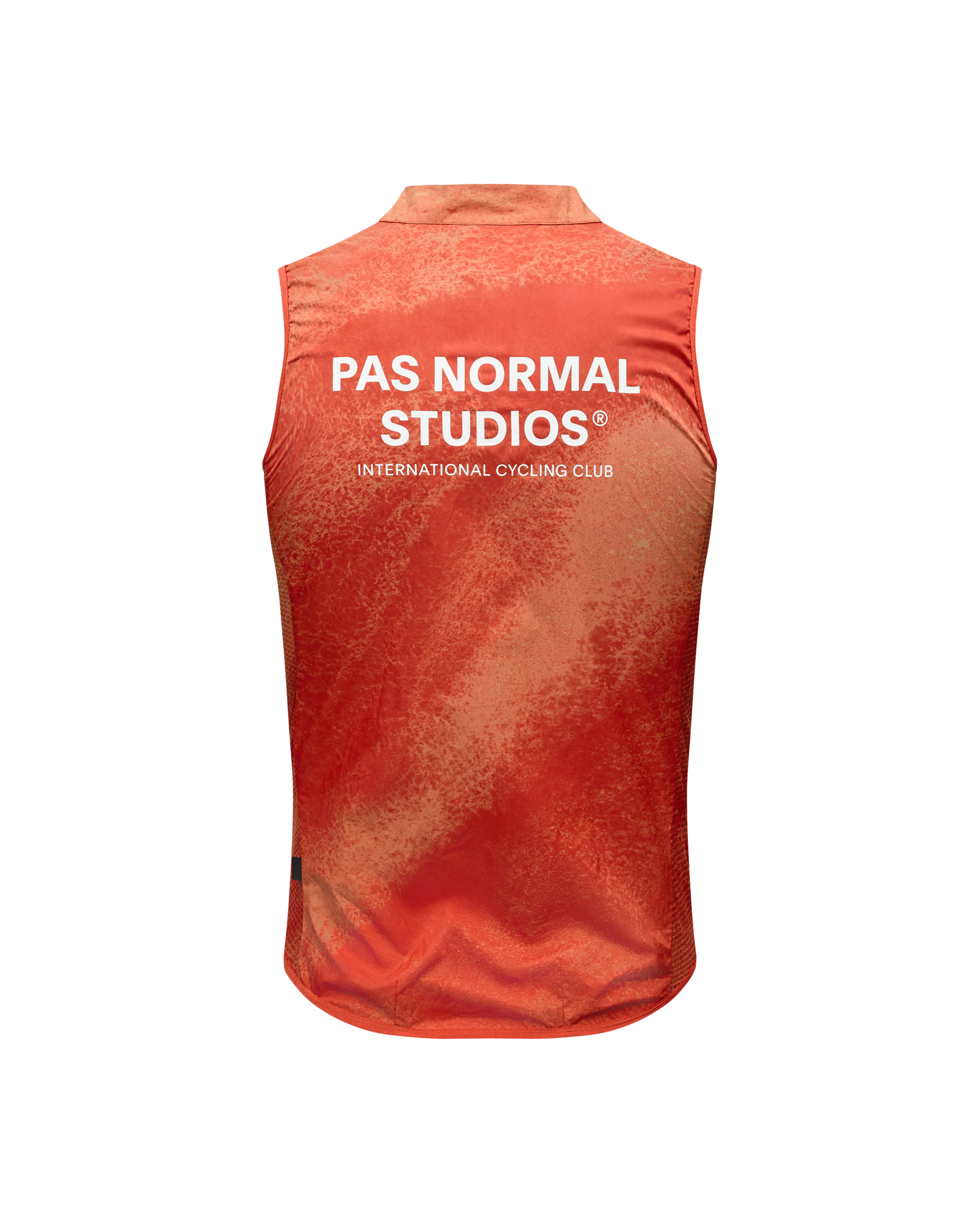 Orange Mechanism Stow Away cycling gilet, rear flat lay with white back print