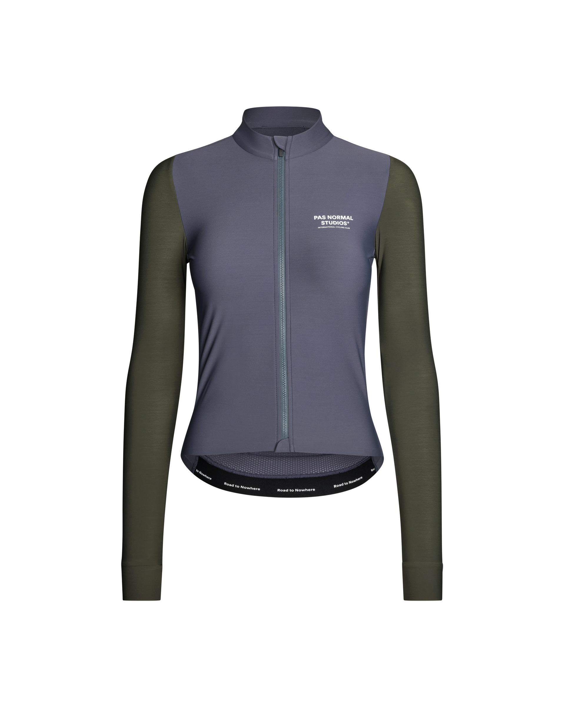 Steel Mechanism long sleeve cycling jersey, front view with olive sleeves and full zip
