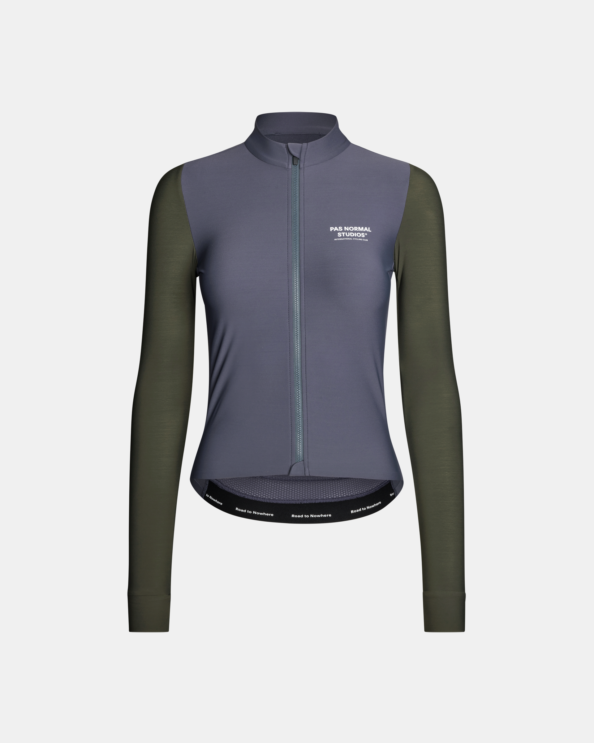 Steel Mechanism long sleeve cycling jersey, front view with olive sleeves and full zip