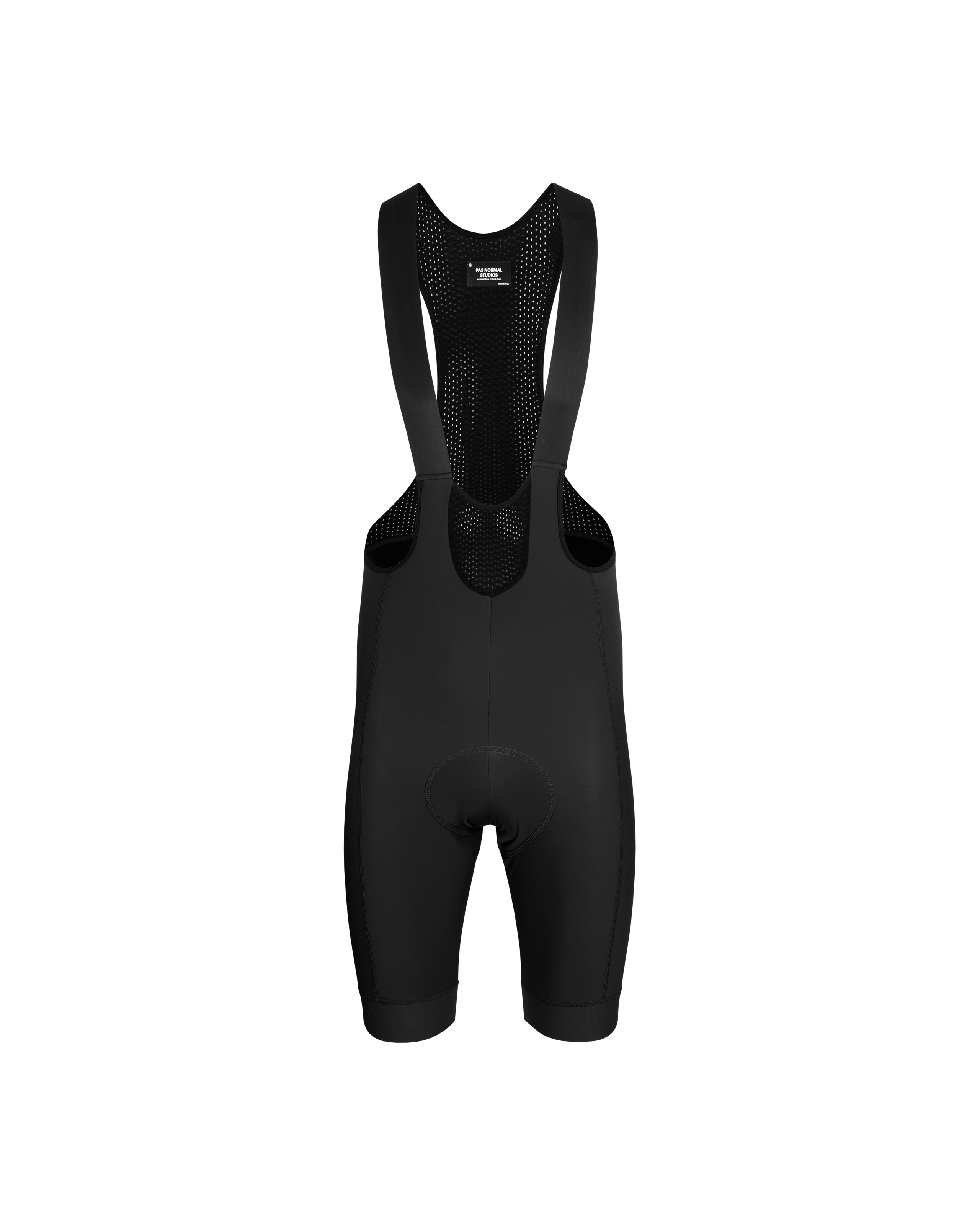Black Mechanism Deep Winter cycling bibs, front flat lay with perforated mesh bib straps