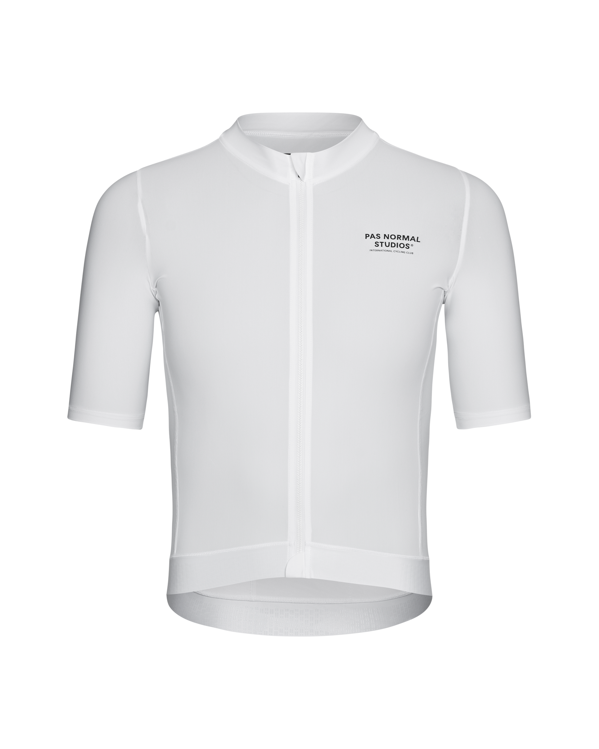 White Essential cycling jersey, front flat lay with black chest logo