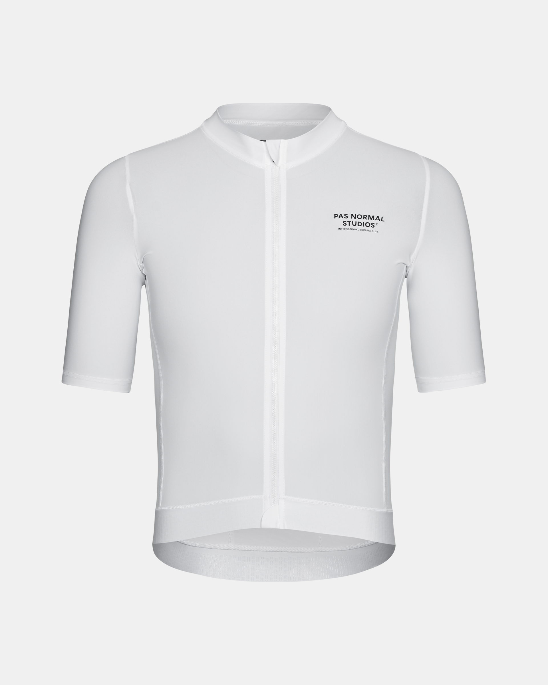 White Essential cycling jersey, front flat lay with black chest logo