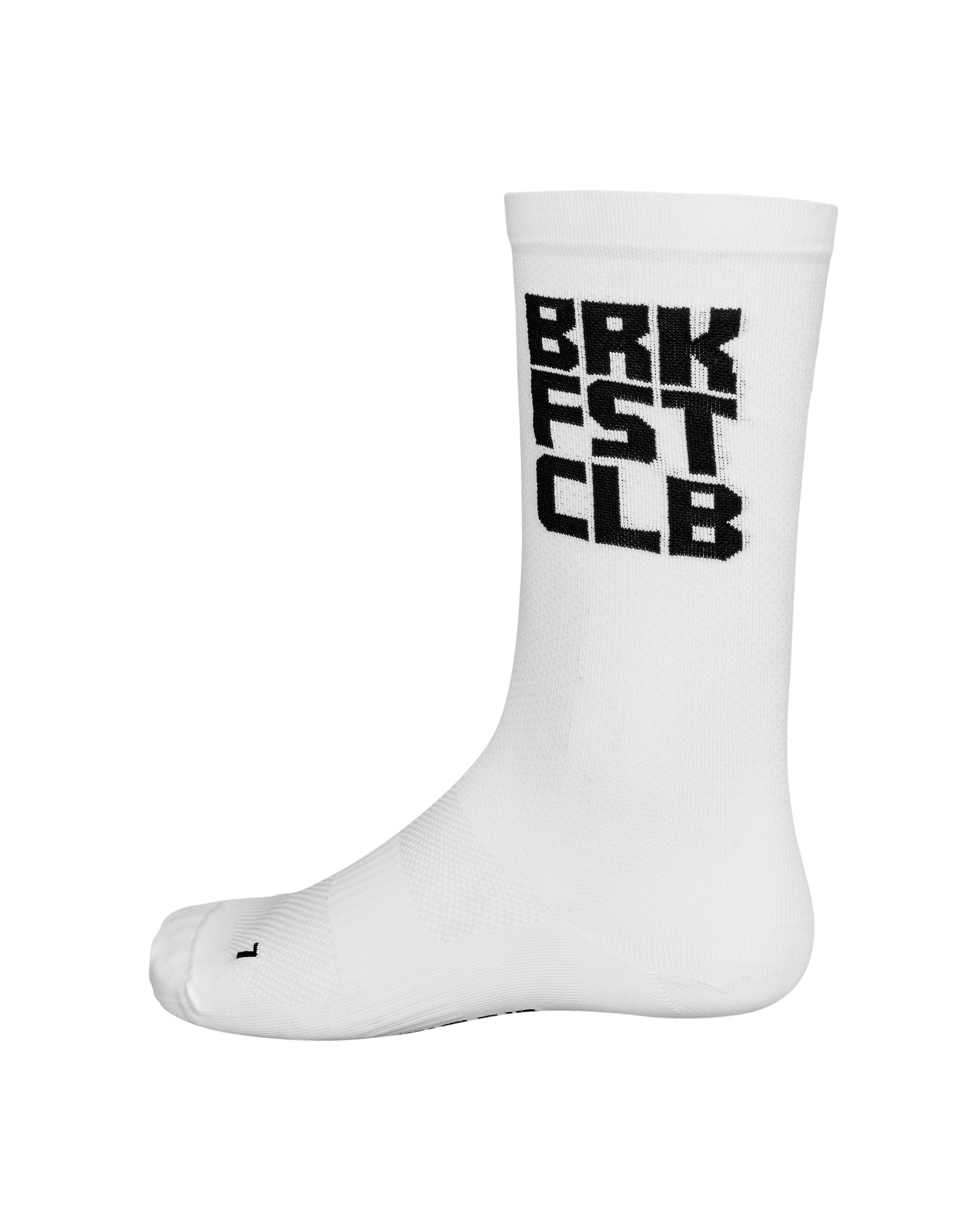 White Breakfast Club cycling socks with black text print