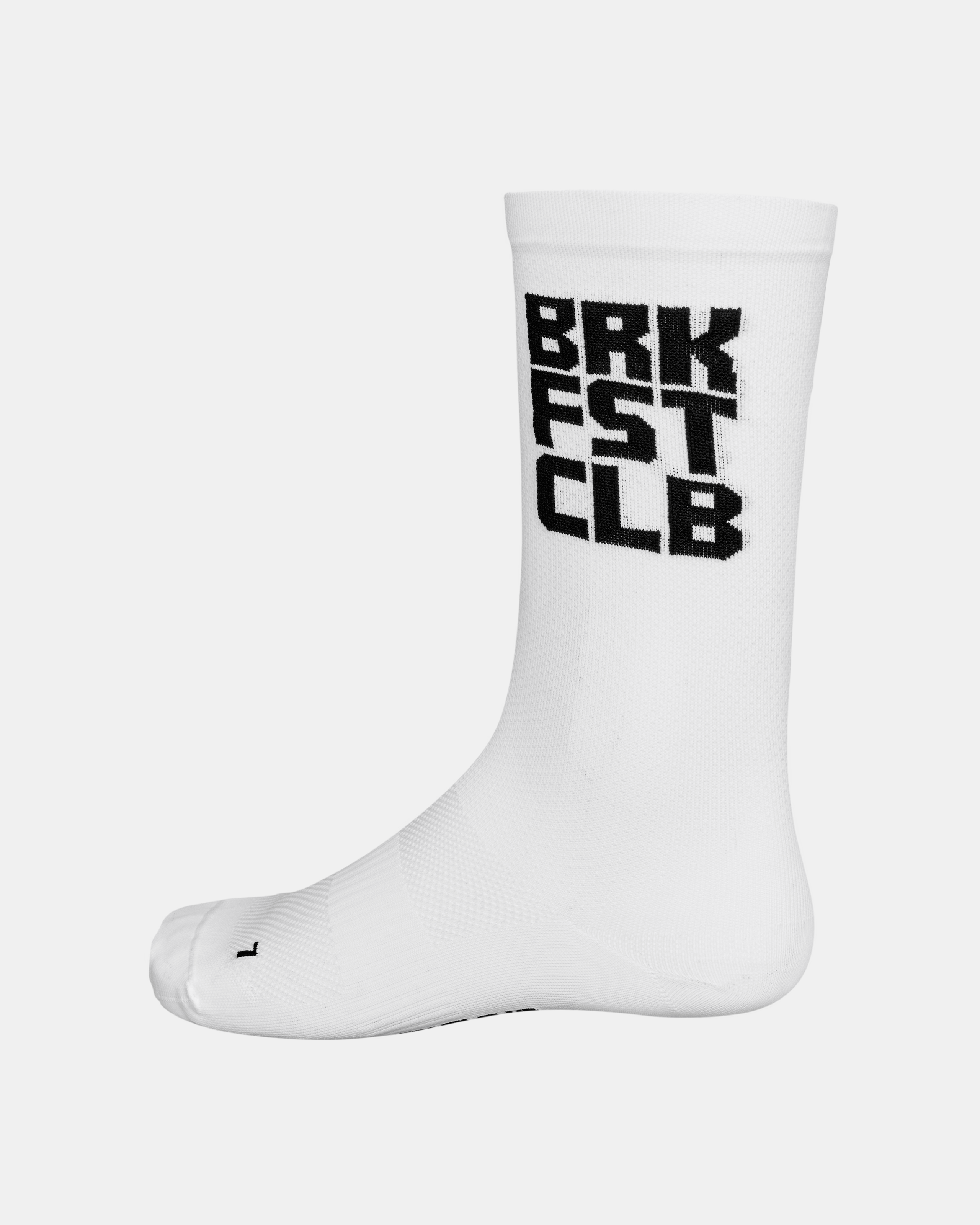 White Breakfast Club cycling socks with black text print