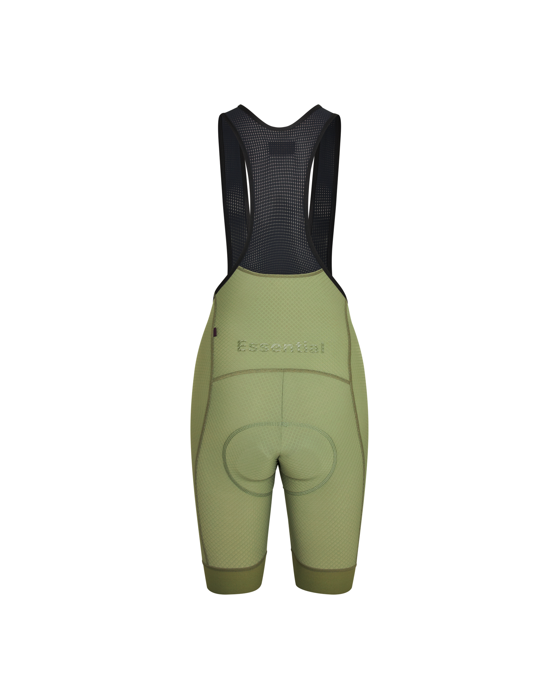 Light Olive Essential cycling bibs, rear flat lay with black mesh bib straps