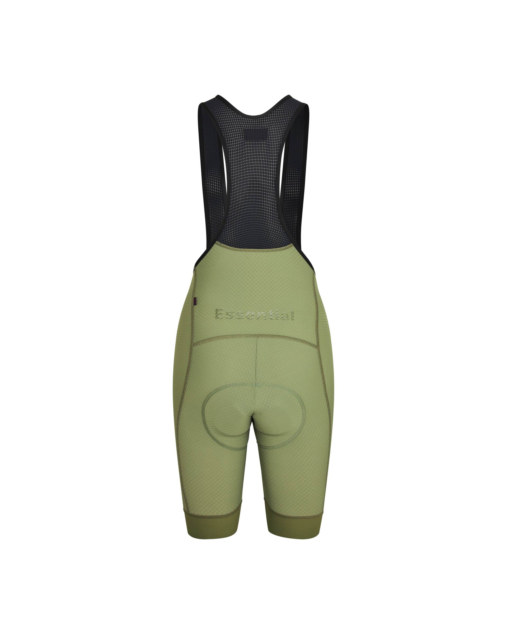 Light Olive Essential cycling bibs, rear flat lay with black mesh bib straps