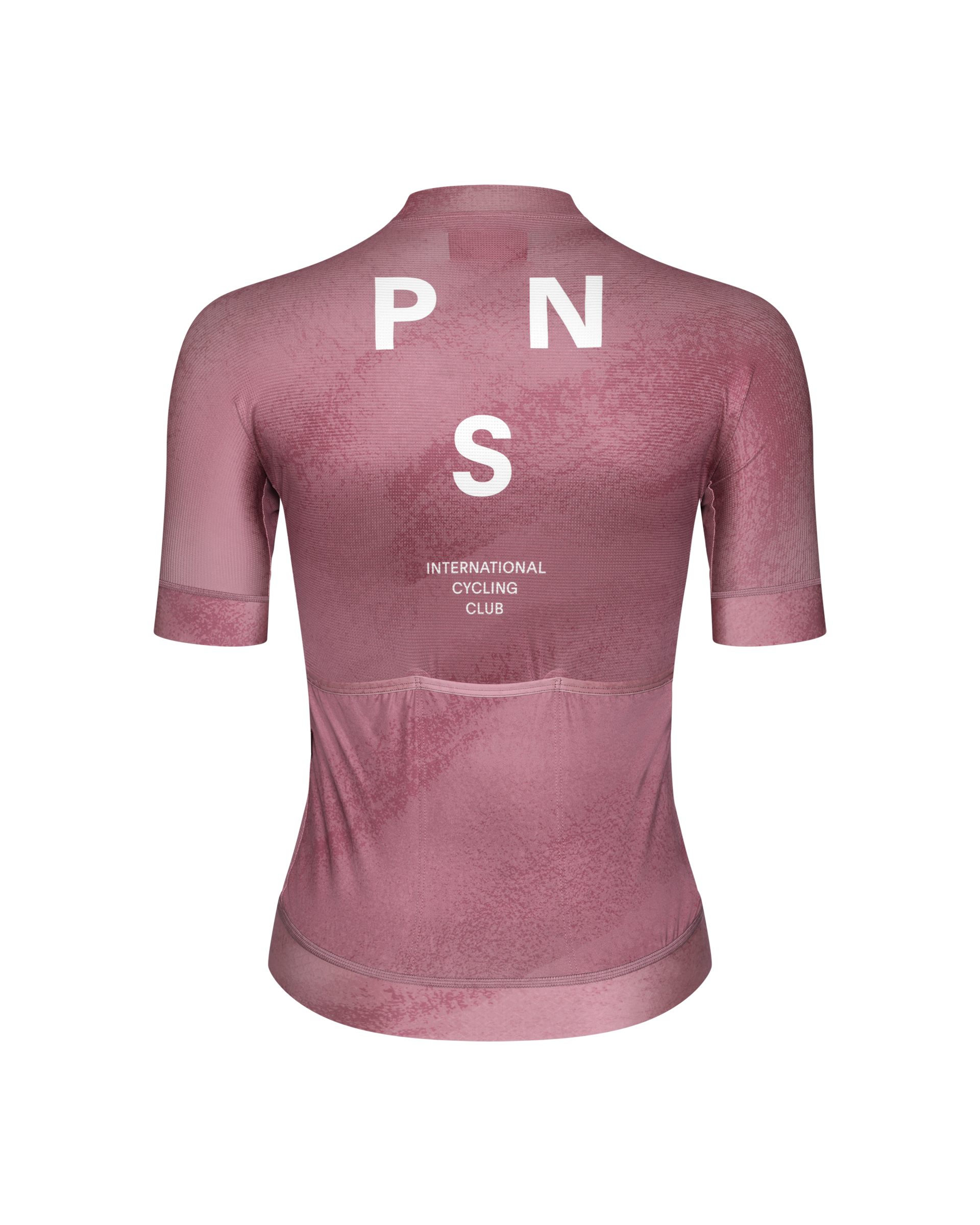 Purple Mechanism cycling jersey, rear view with white PNS logo and patterned texture