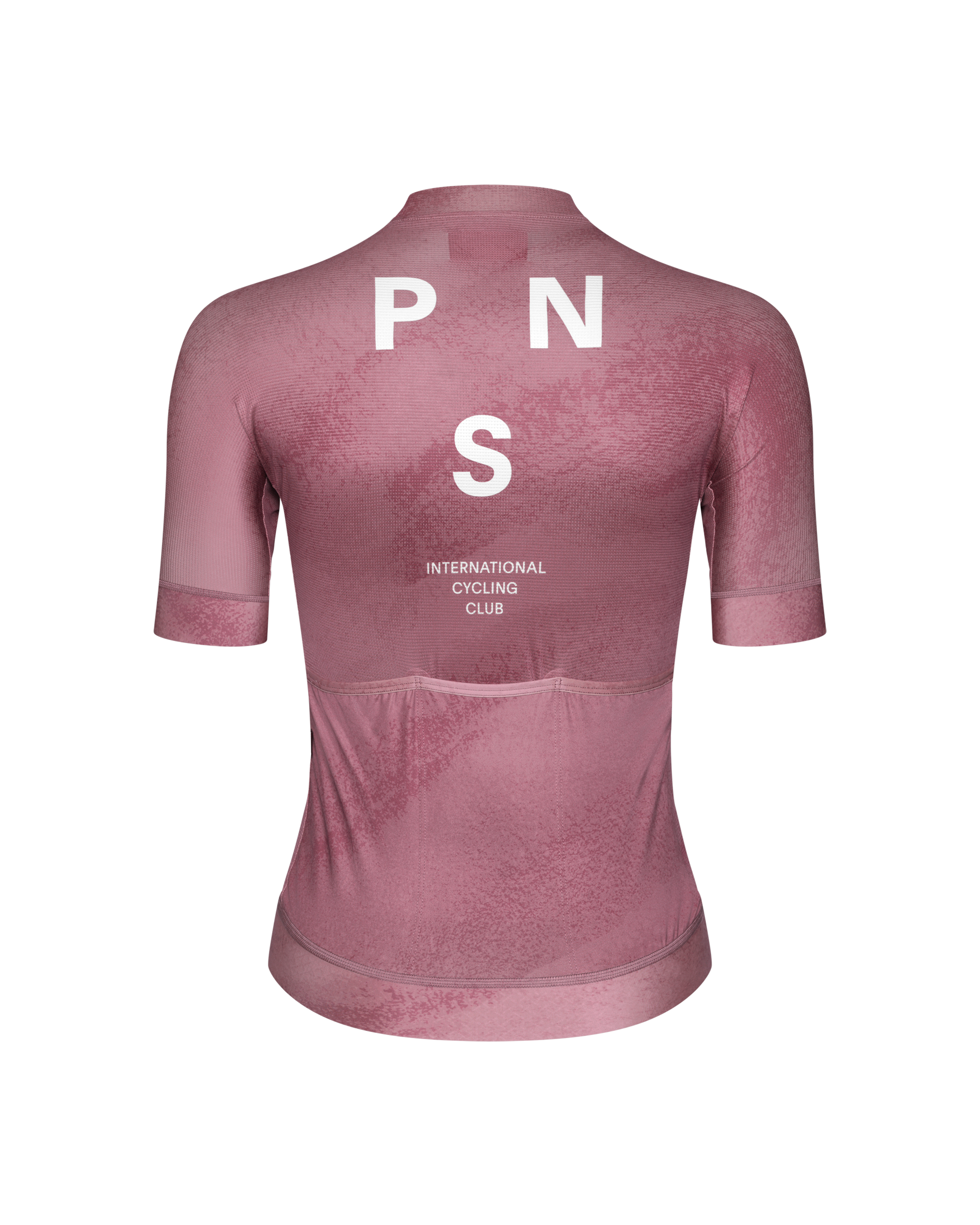 Purple Mechanism cycling jersey, rear view with white PNS logo and patterned texture