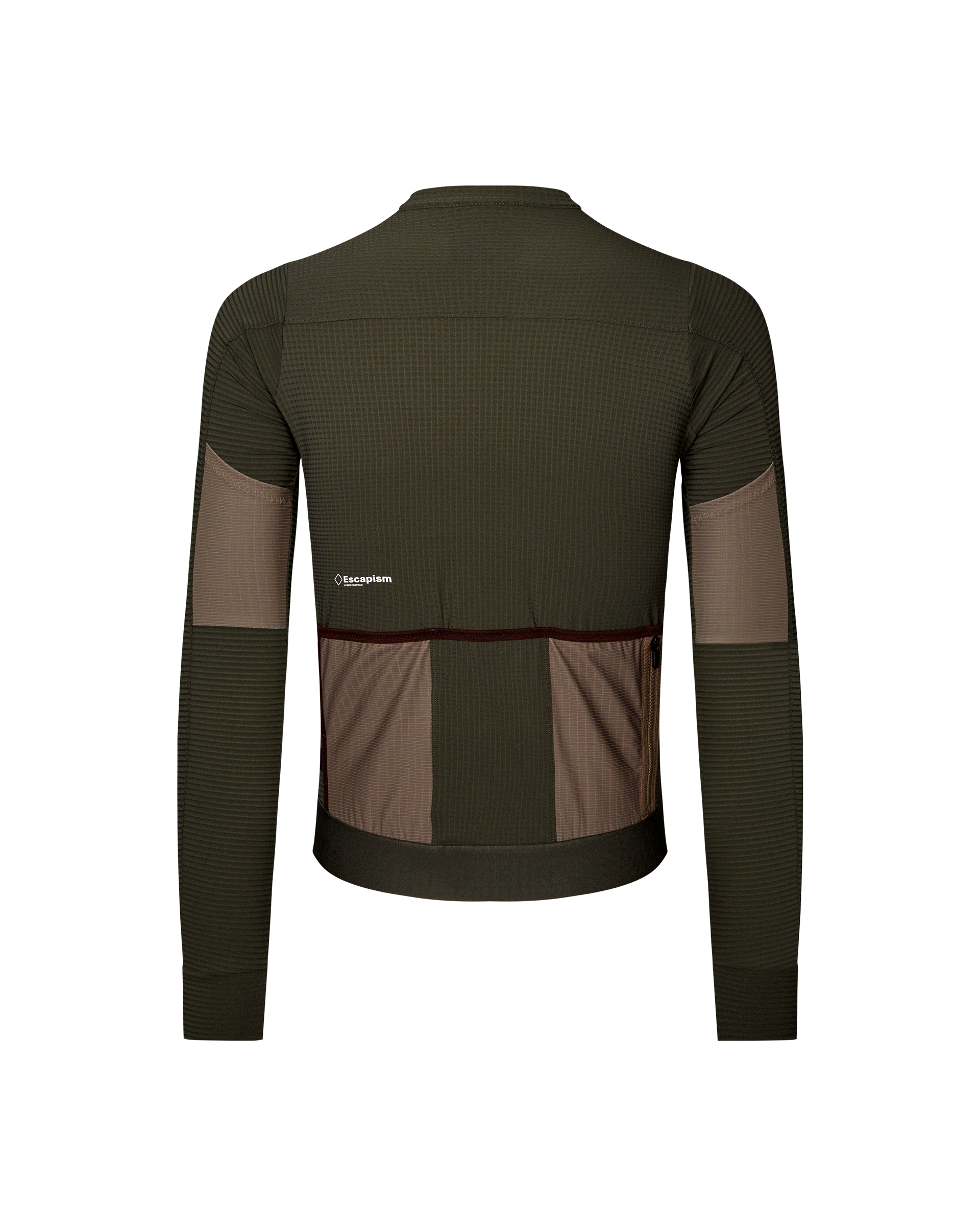 Dark Olive Escapism long sleeve cycling jersey, rear flat lay with contrast tan panels and back pockets