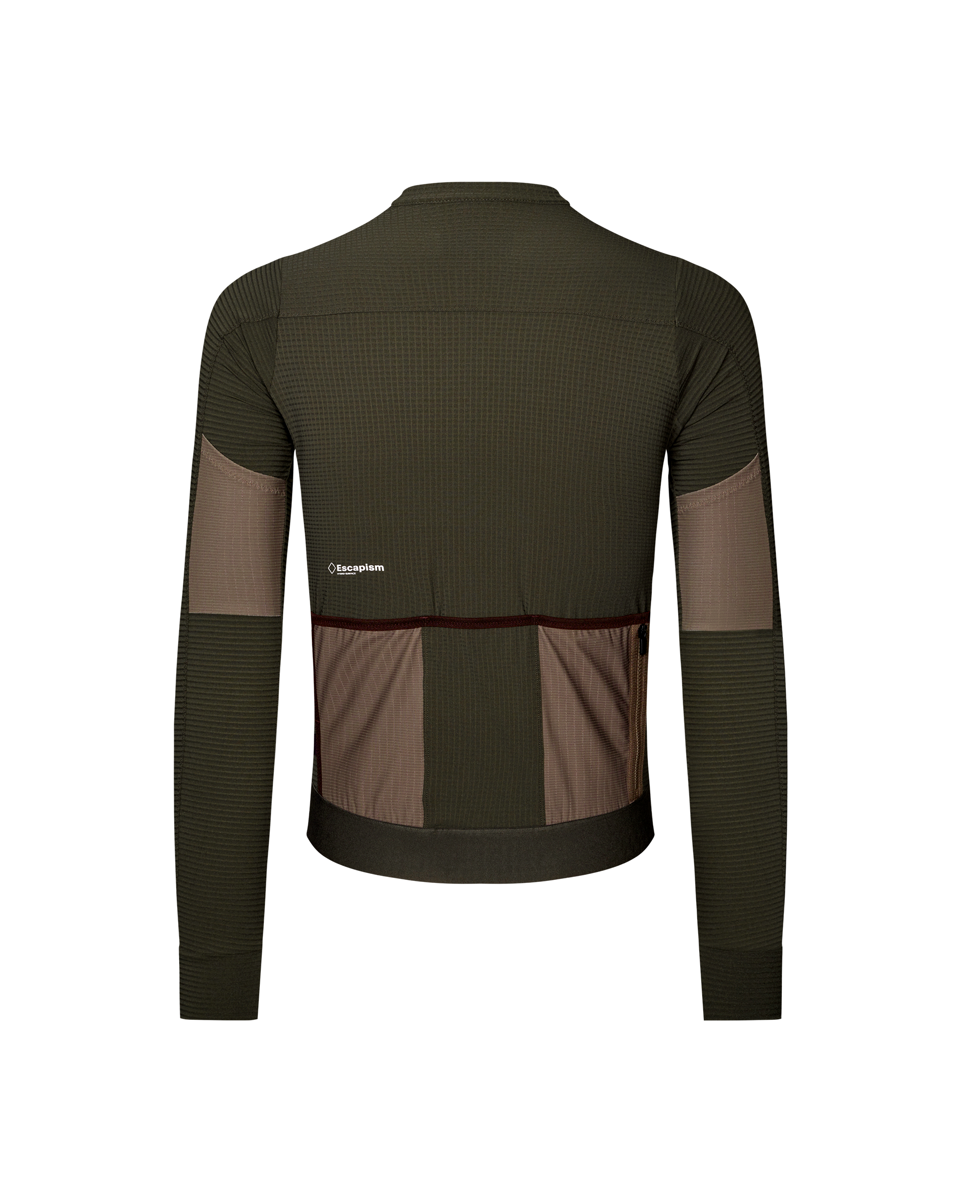 Dark Olive Escapism long sleeve cycling jersey, rear flat lay with contrast tan panels and back pockets