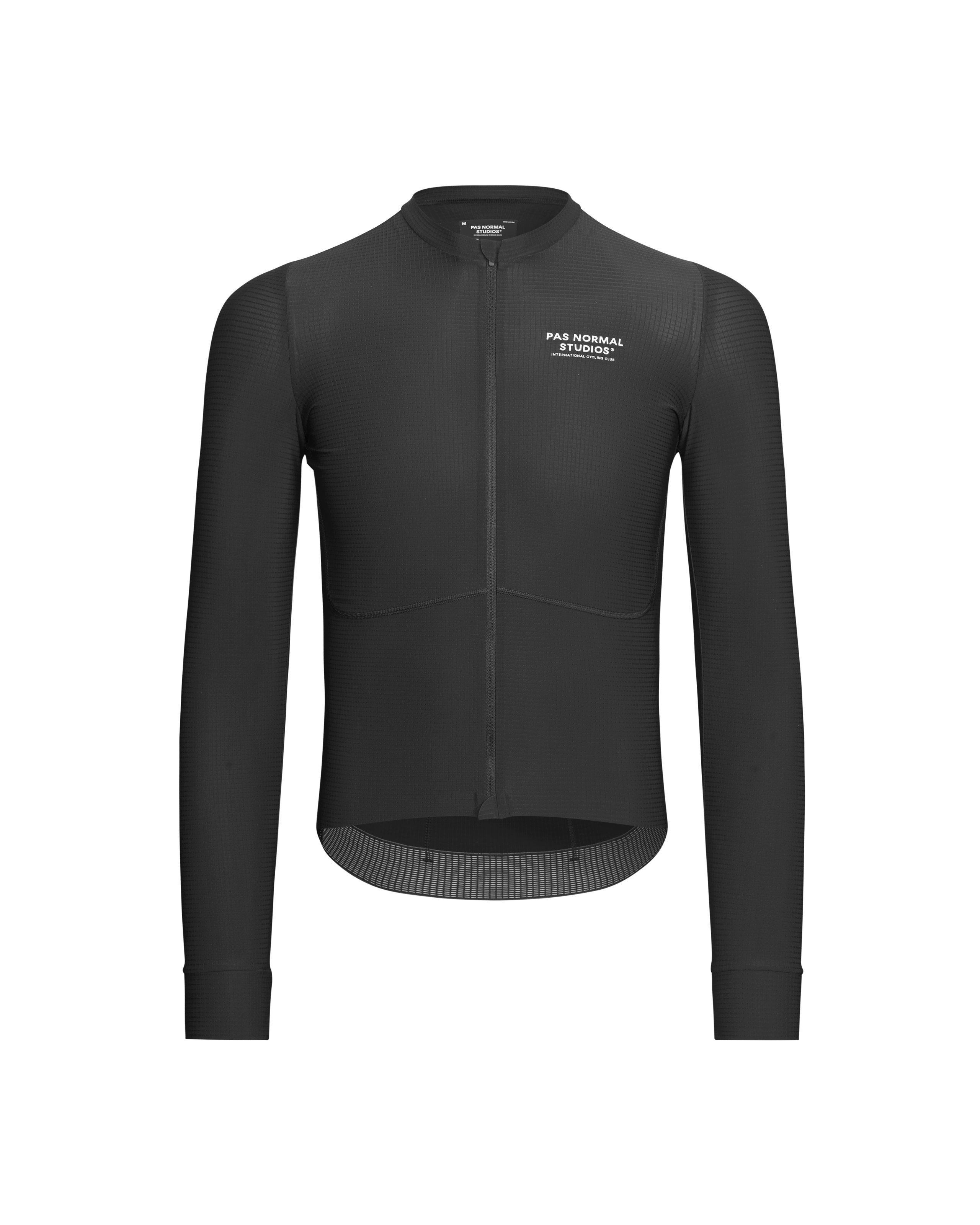 Black Mechanism Pro long sleeve cycling jersey, front view with textured fabric and chest logo