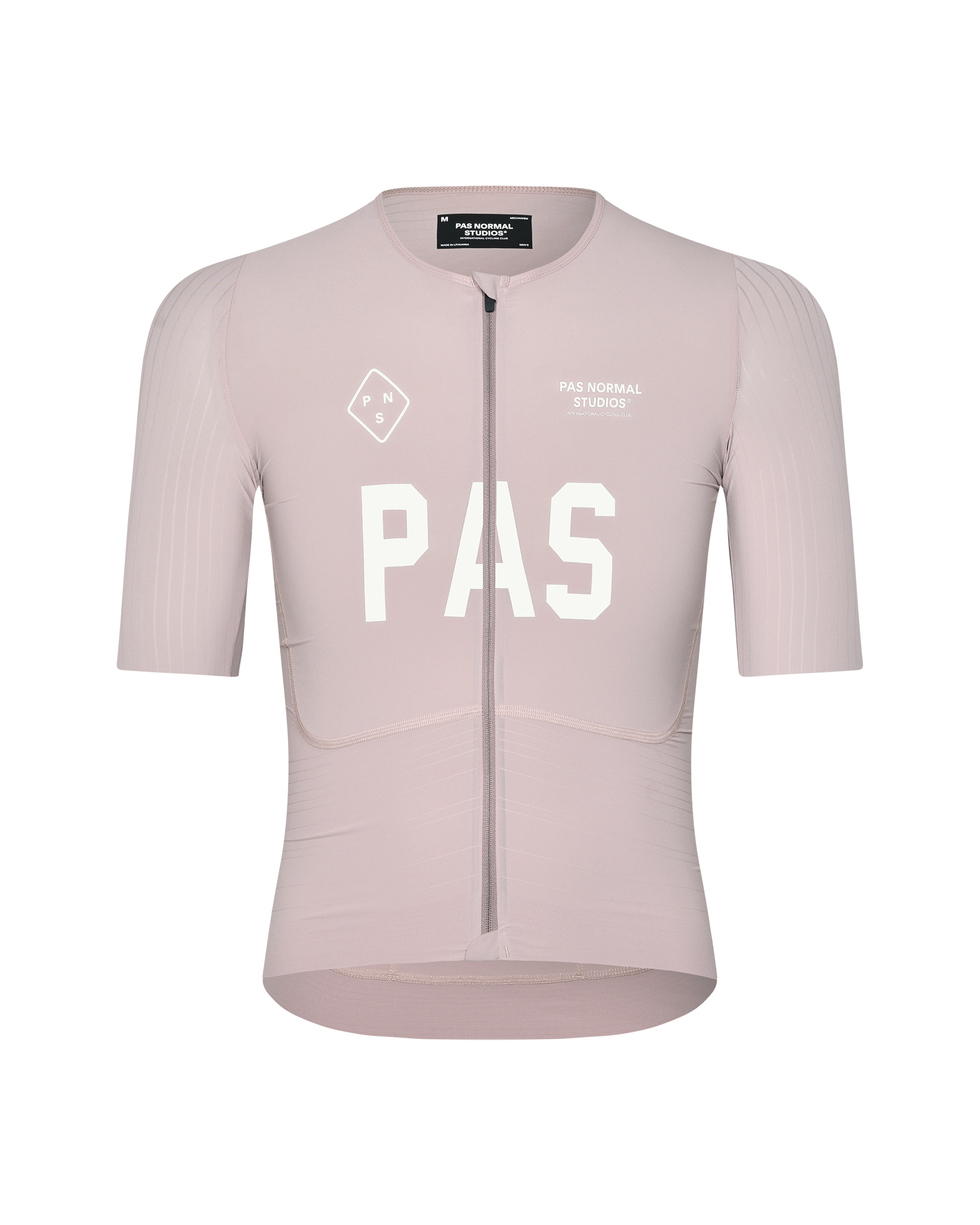 Taupe Rose PAS Mechanism Pro cycling jersey, front flat lay with white chest logo and full-length zip