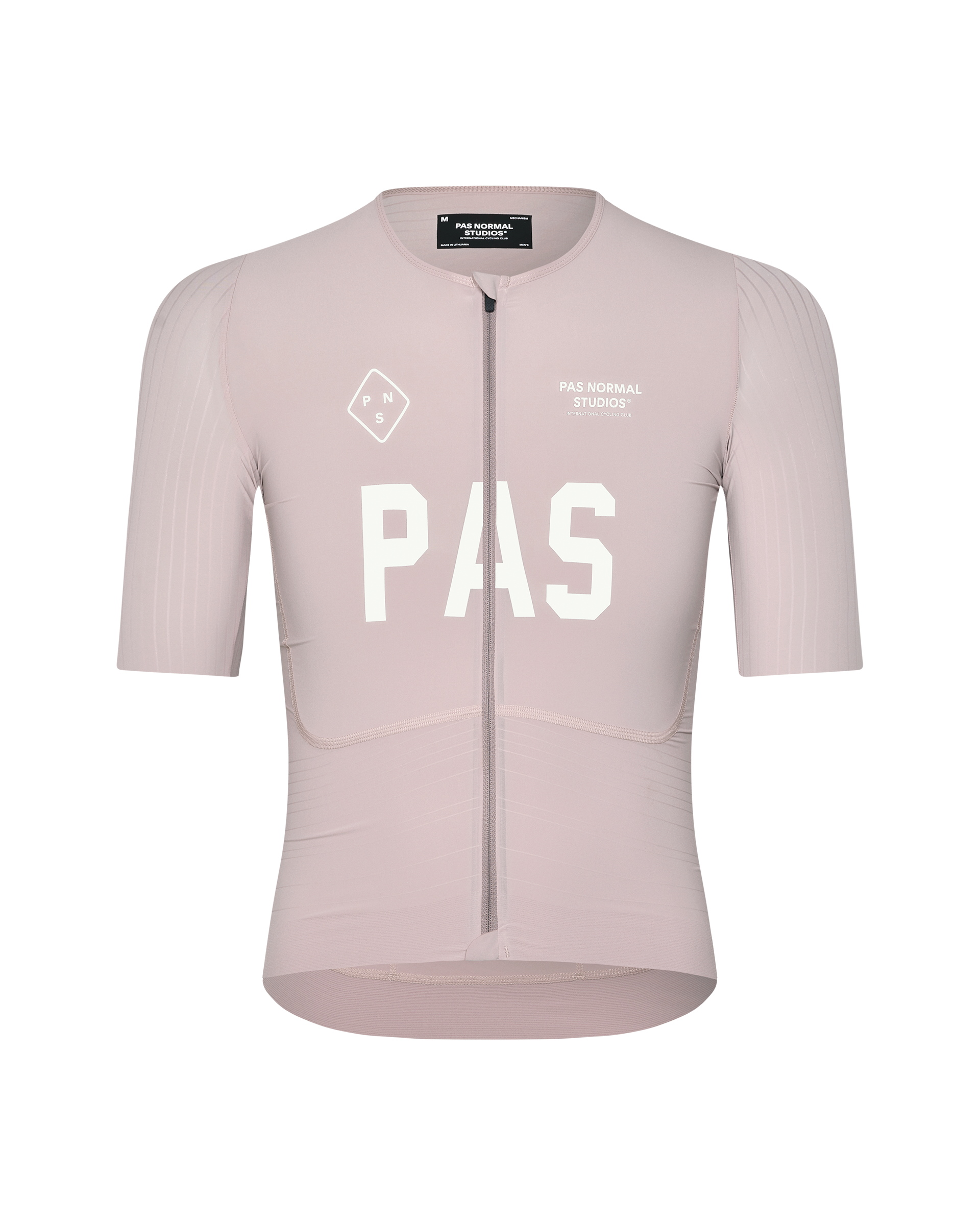Taupe Rose PAS Mechanism Pro cycling jersey, front flat lay with white chest logo and full-length zip