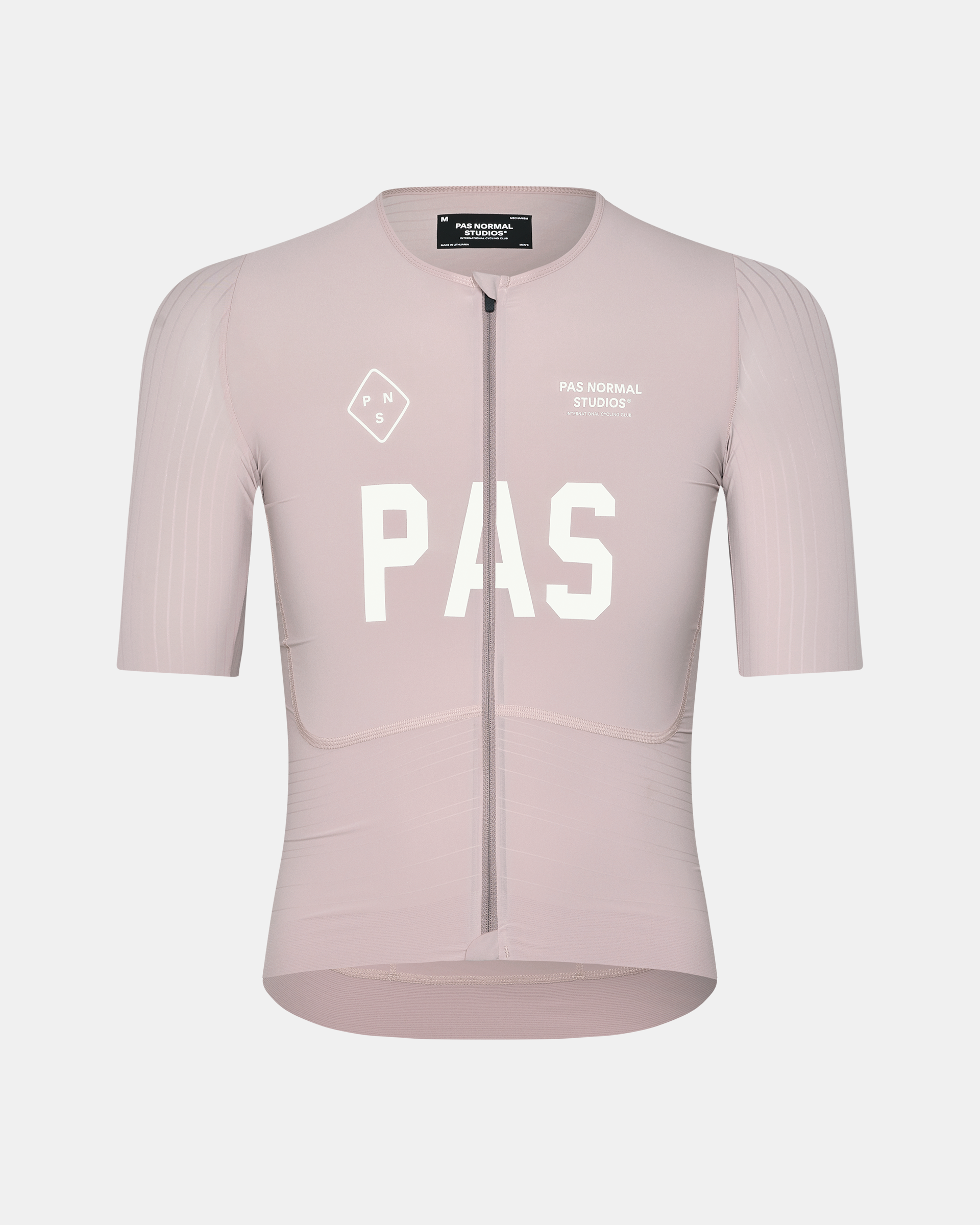 Taupe Rose PAS Mechanism Pro cycling jersey, front flat lay with white chest logo and full-length zip