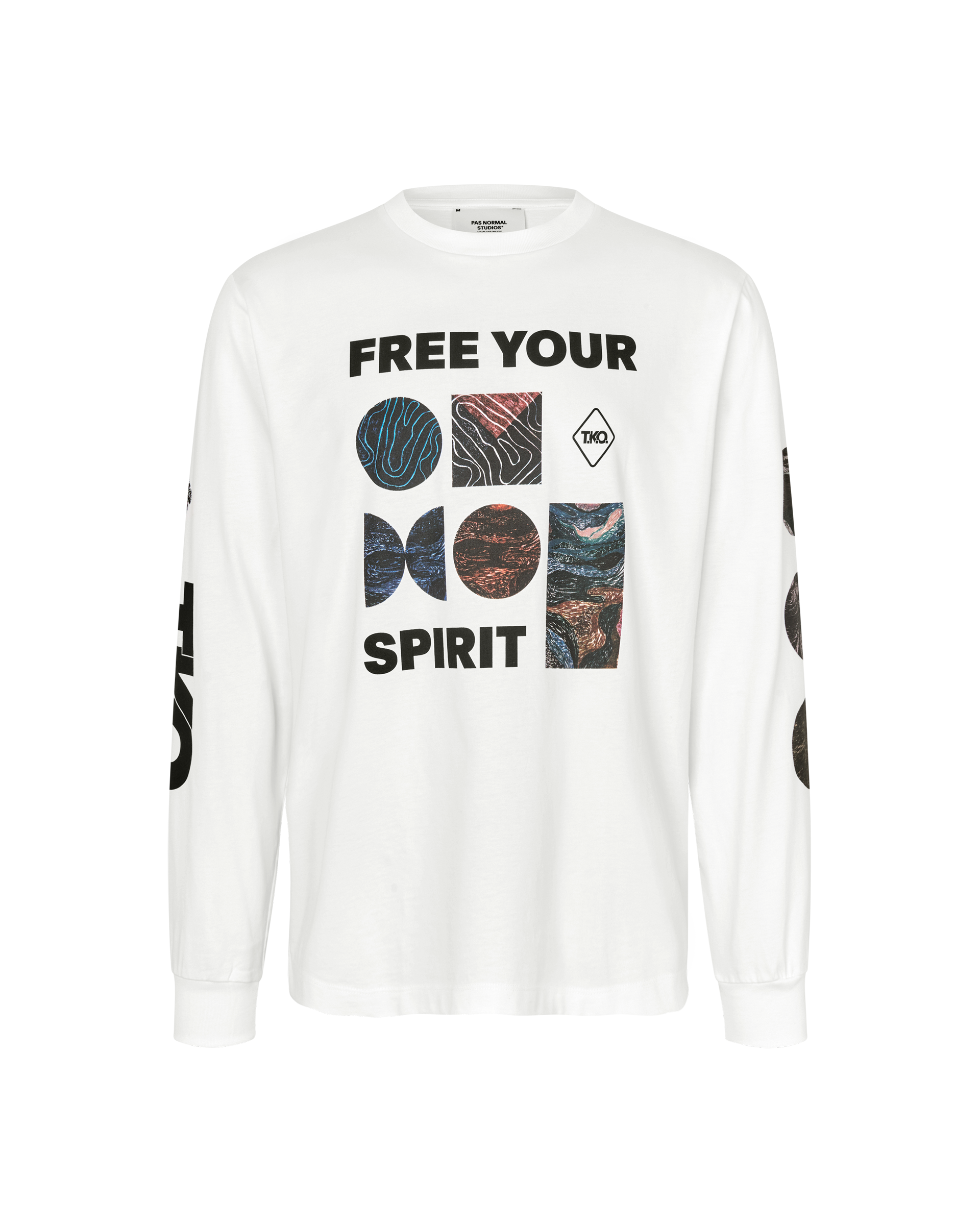 White T.K.O. Off-Race long sleeve t-shirt, front flat lay with Free Your Spirit graphic chest print and sleeve print