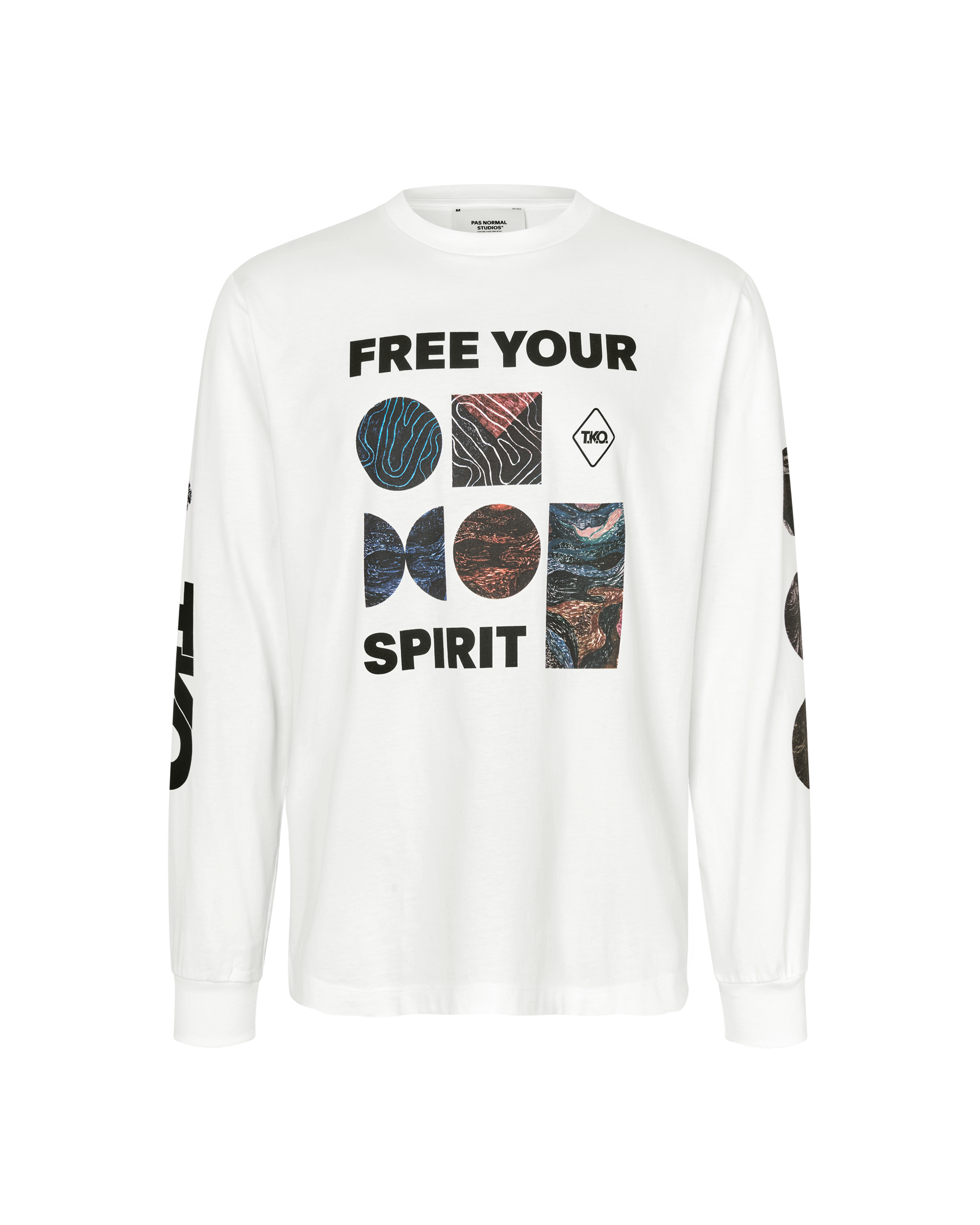 White T.K.O. Off-Race long sleeve t-shirt, front flat lay with Free Your Spirit graphic chest print and sleeve print
