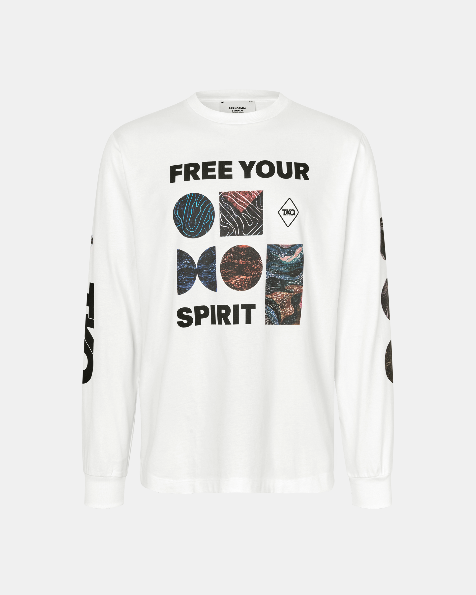 White T.K.O. Off-Race long sleeve t-shirt, front flat lay with Free Your Spirit graphic chest print and sleeve print