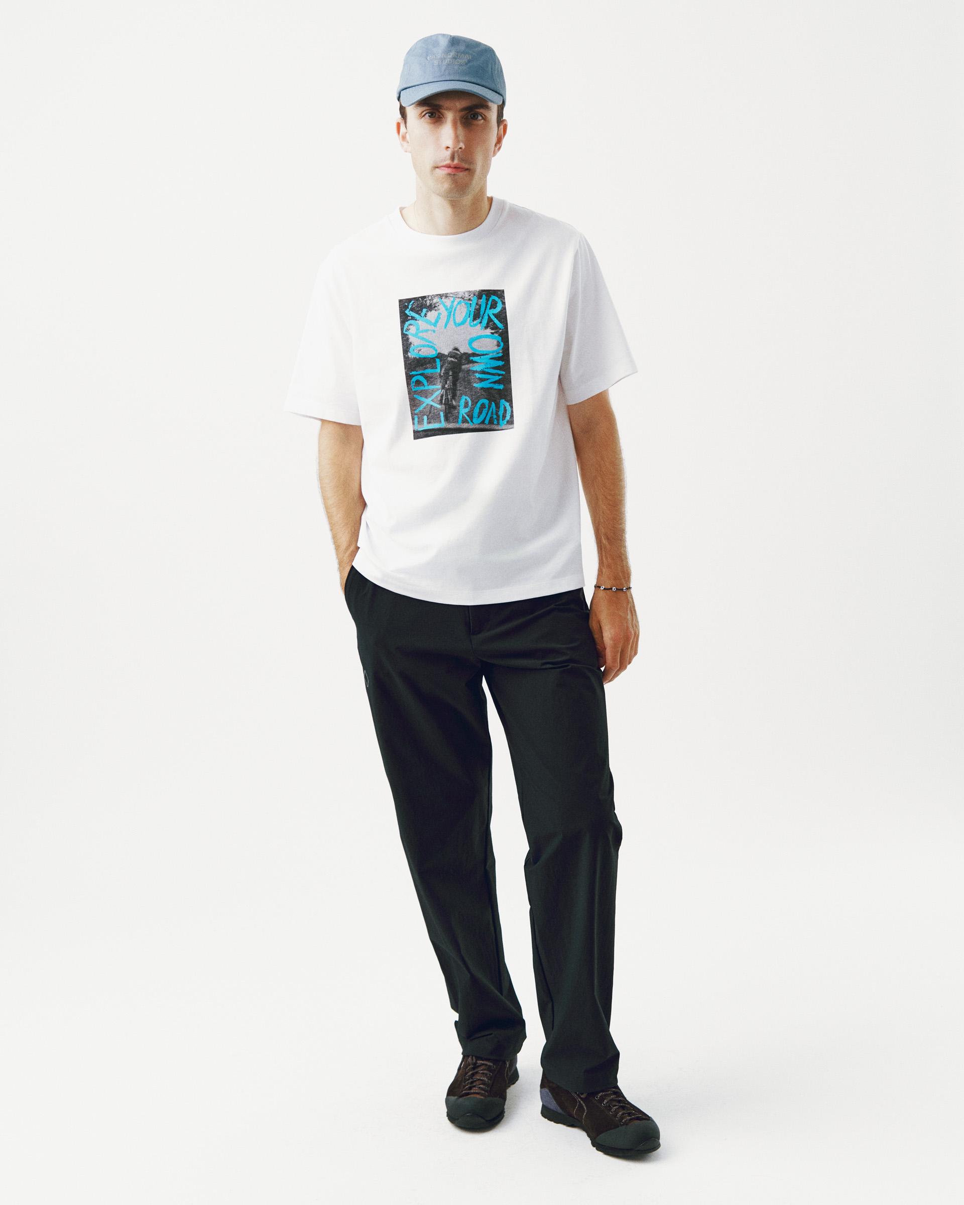 White Off-Race Graphic t-shirt on model with blue and teal chest print