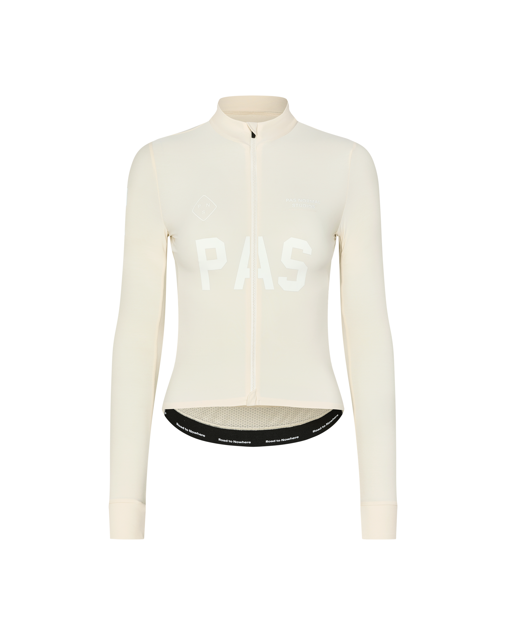 Sand PAS Mechanism long sleeve cycling jersey, front flat lay with white chest logo and black hem band