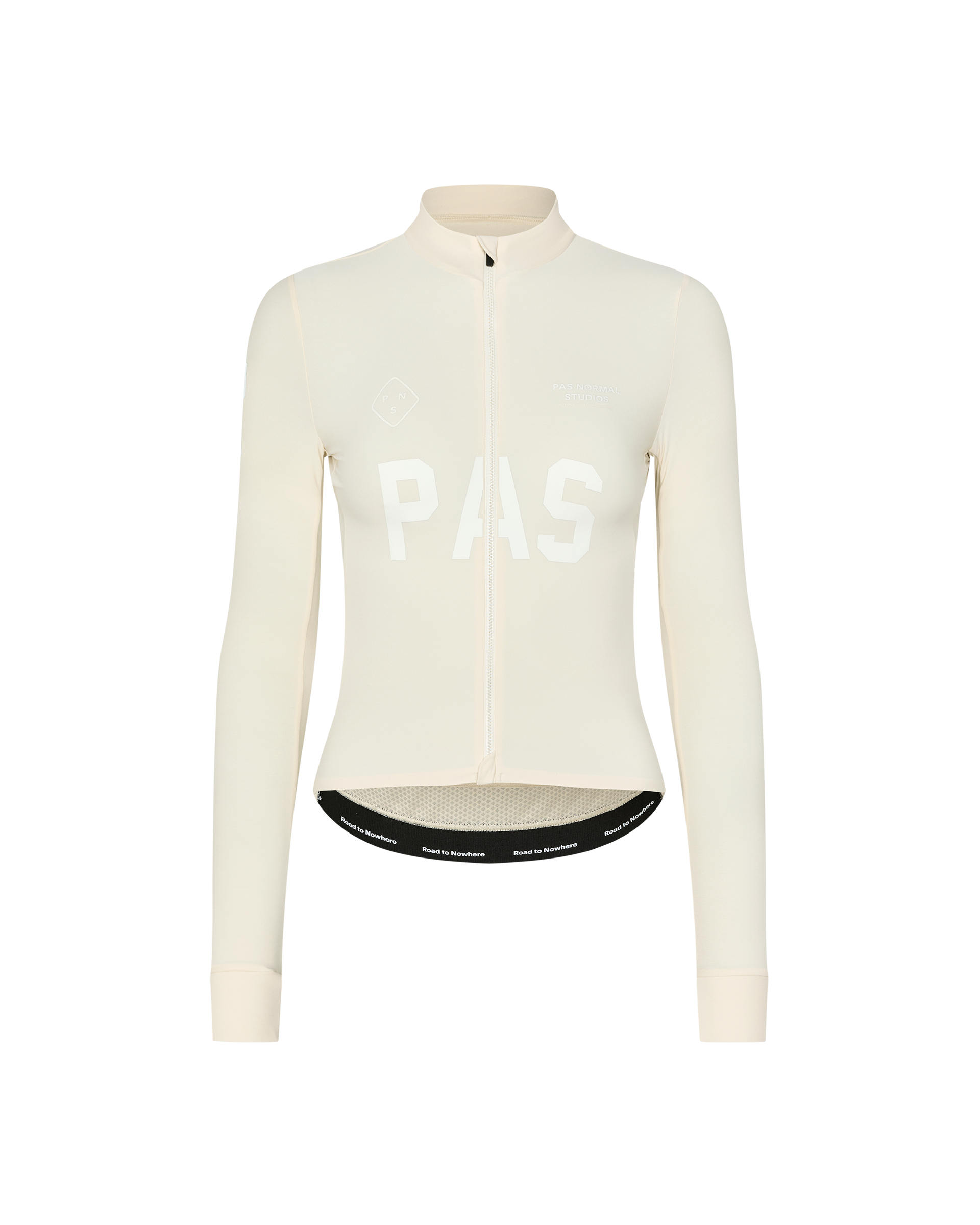 Sand PAS Mechanism long sleeve cycling jersey, front flat lay with white chest logo and black hem band