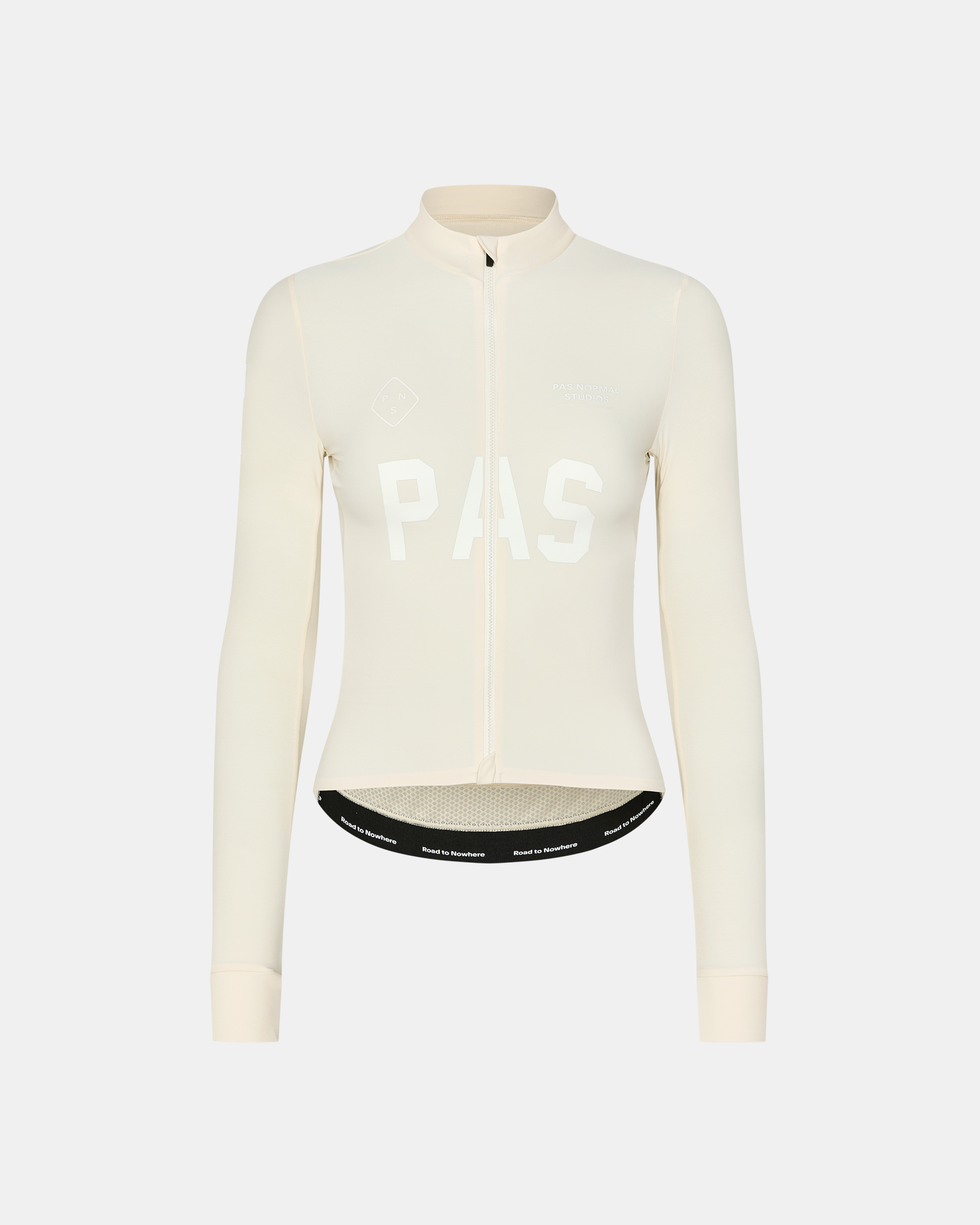 Sand PAS Mechanism long sleeve cycling jersey, front flat lay with white chest logo and black hem band