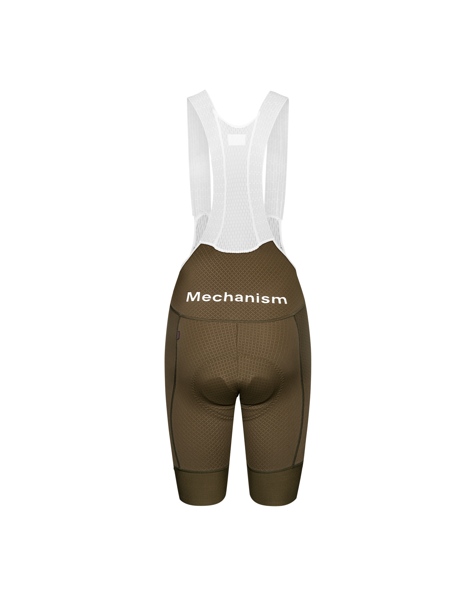 Brown Mechanism cycling bibs, rear flat lay with white mesh bib straps