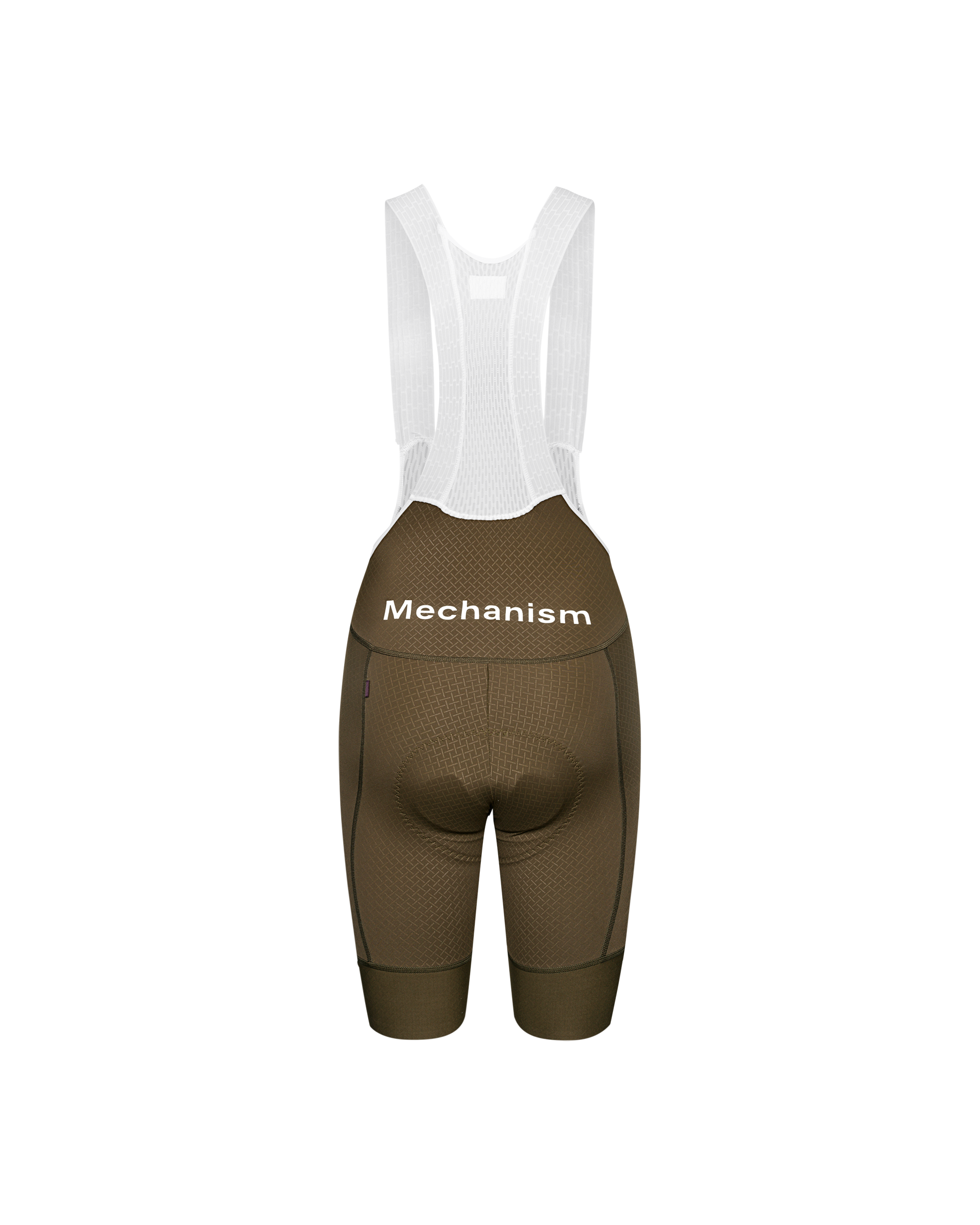Brown Mechanism cycling bibs, rear flat lay with white mesh bib straps