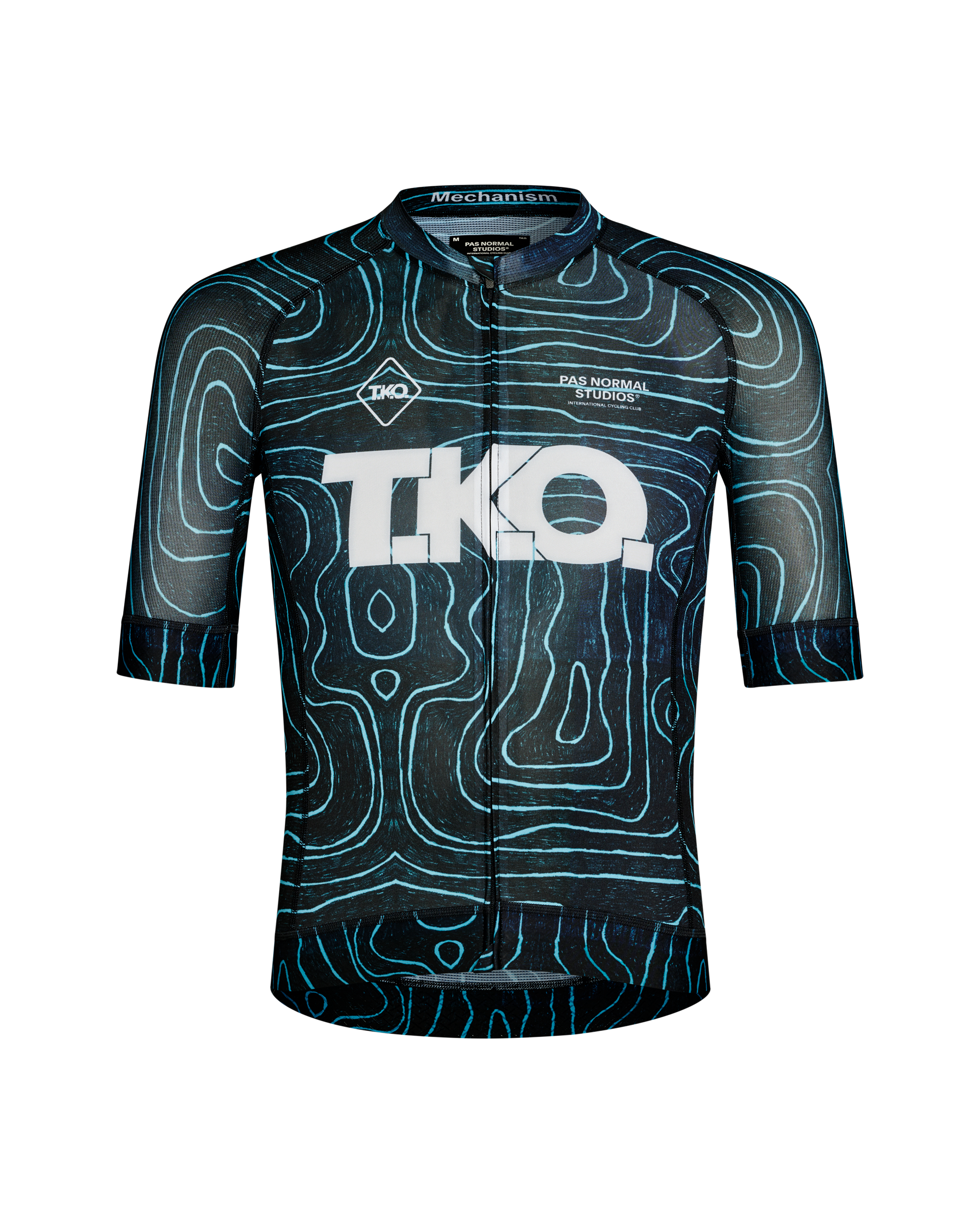 Blue T.K.O. Mechanism cycling jersey, front flat lay with cyan topographic print and white chest logo