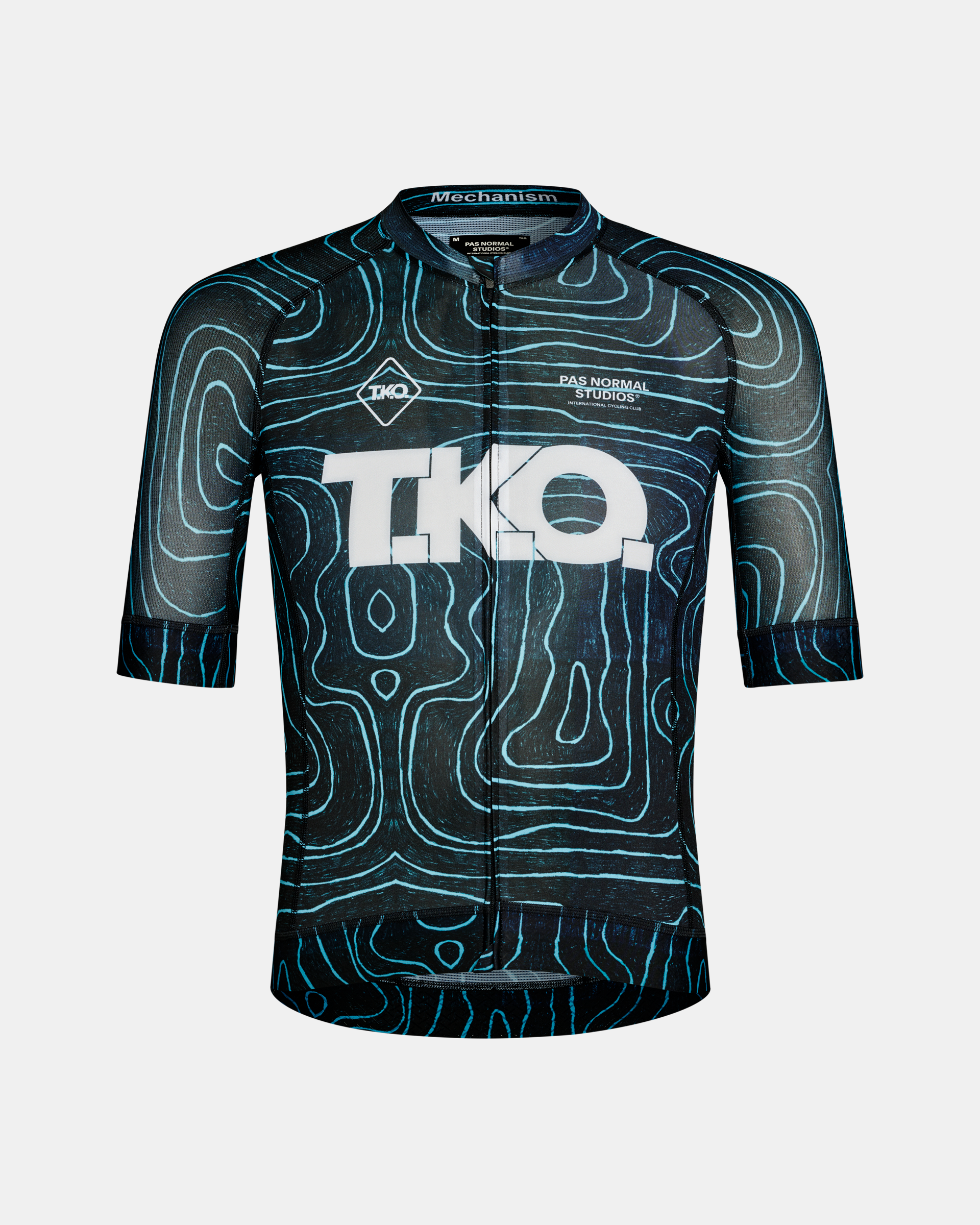 Blue T.K.O. Mechanism cycling jersey, front flat lay with cyan topographic print and white chest logo
