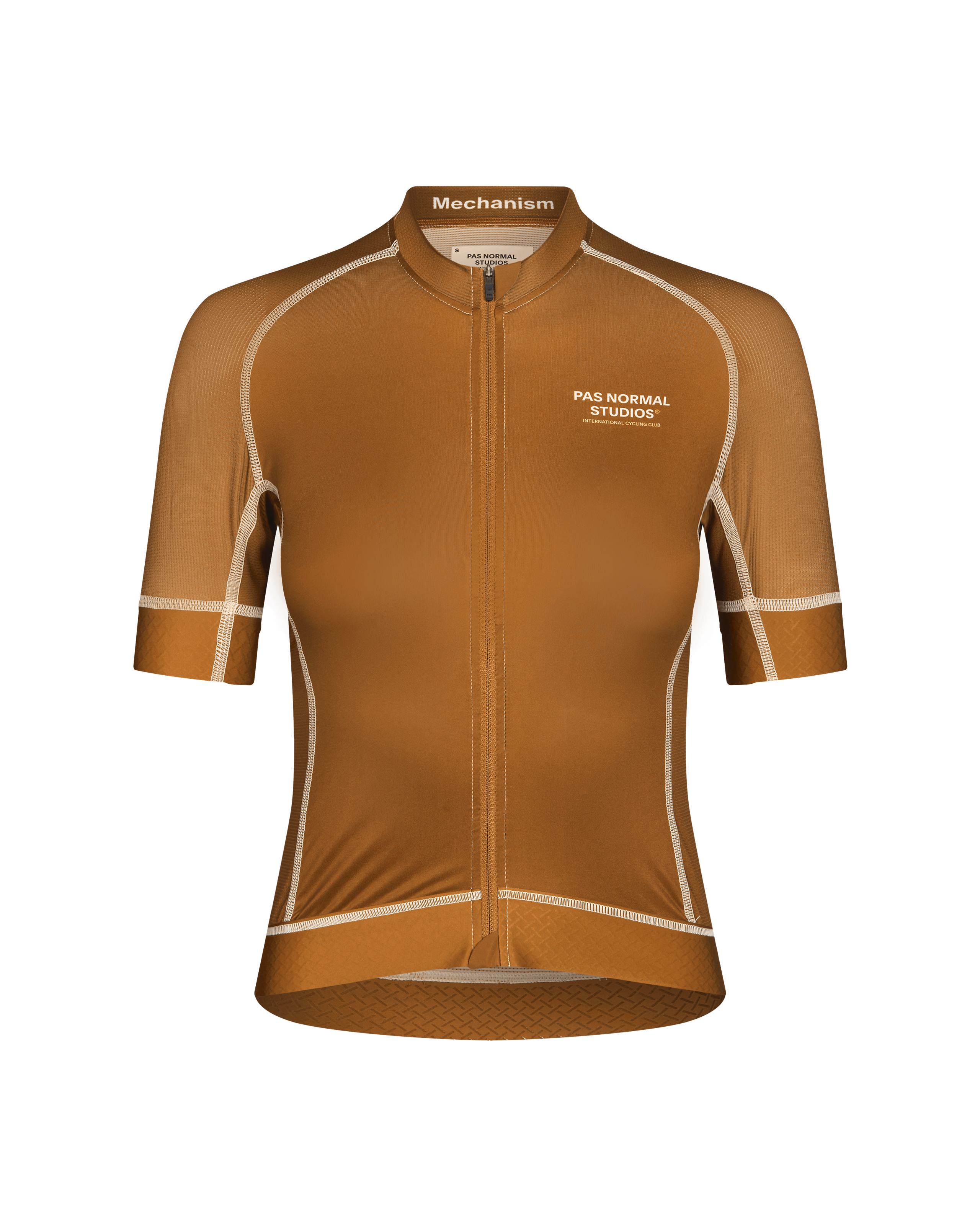 Brown Mechanism cycling jersey, front view with white contrast stitching