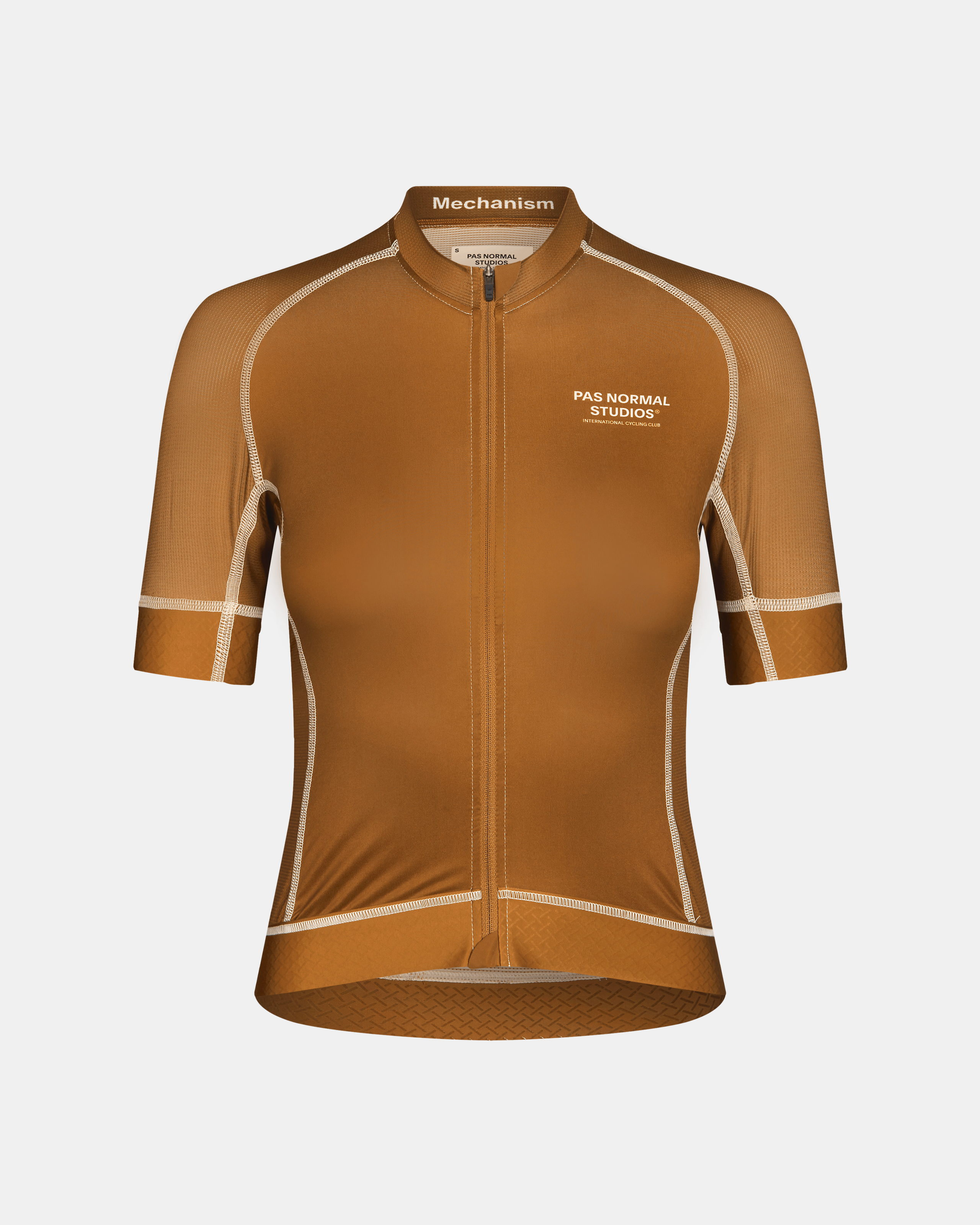 Brown Mechanism cycling jersey, front view with white contrast stitching