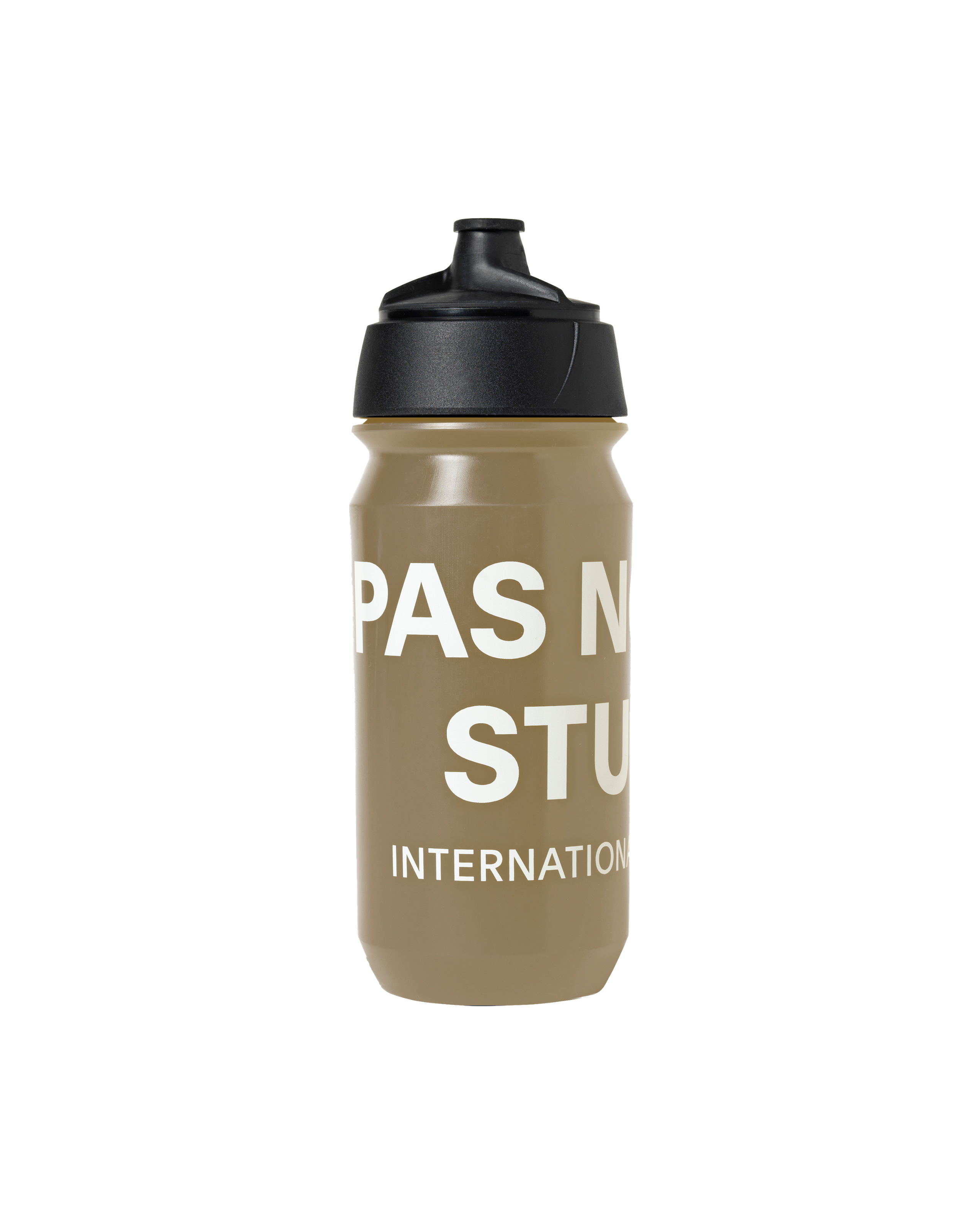 Beige Essential cycling water bottle with black cap and white logo print