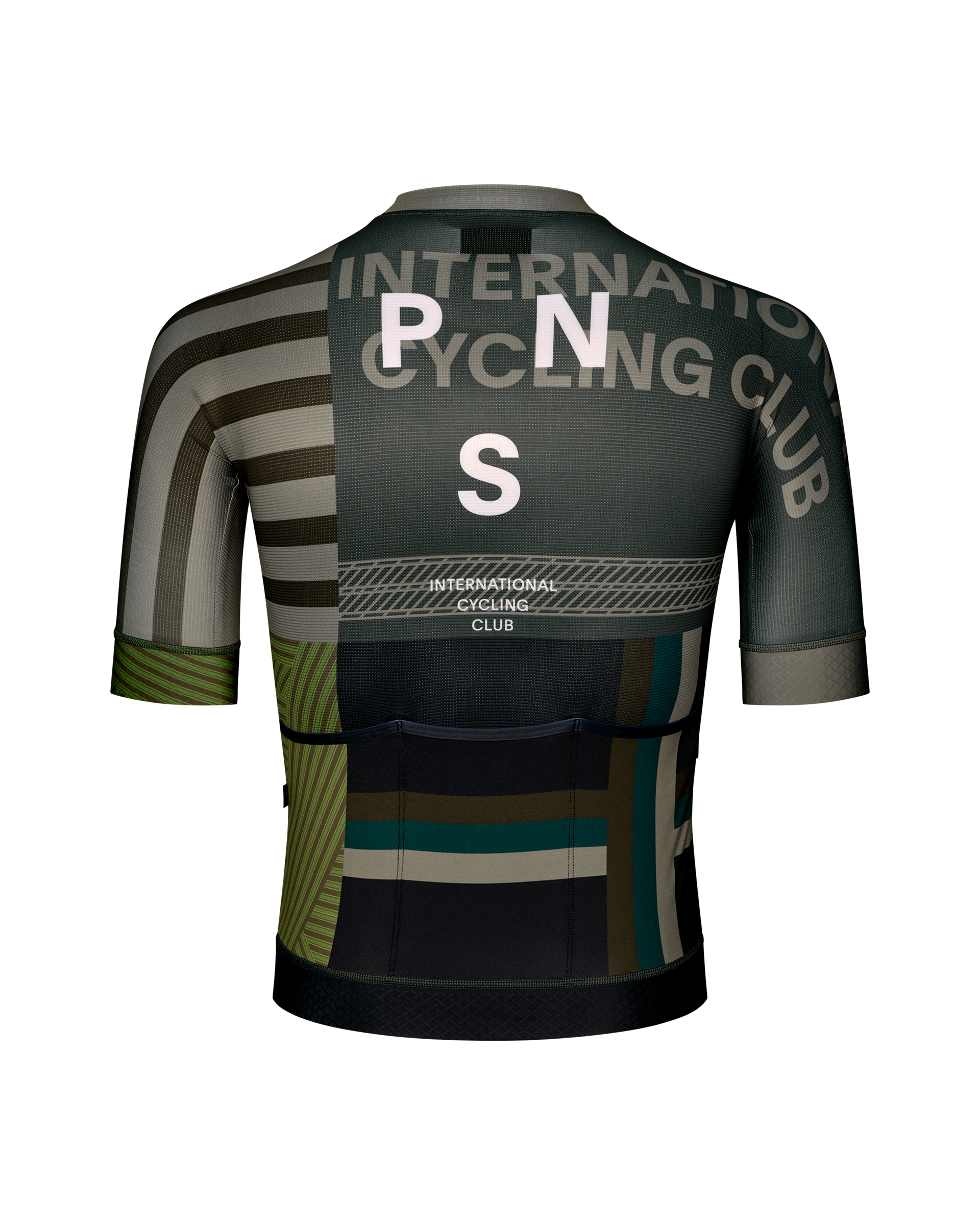 International Earth Mechanism cycling jersey rear flat lay, multicolour stripe print and International Cycling Club back