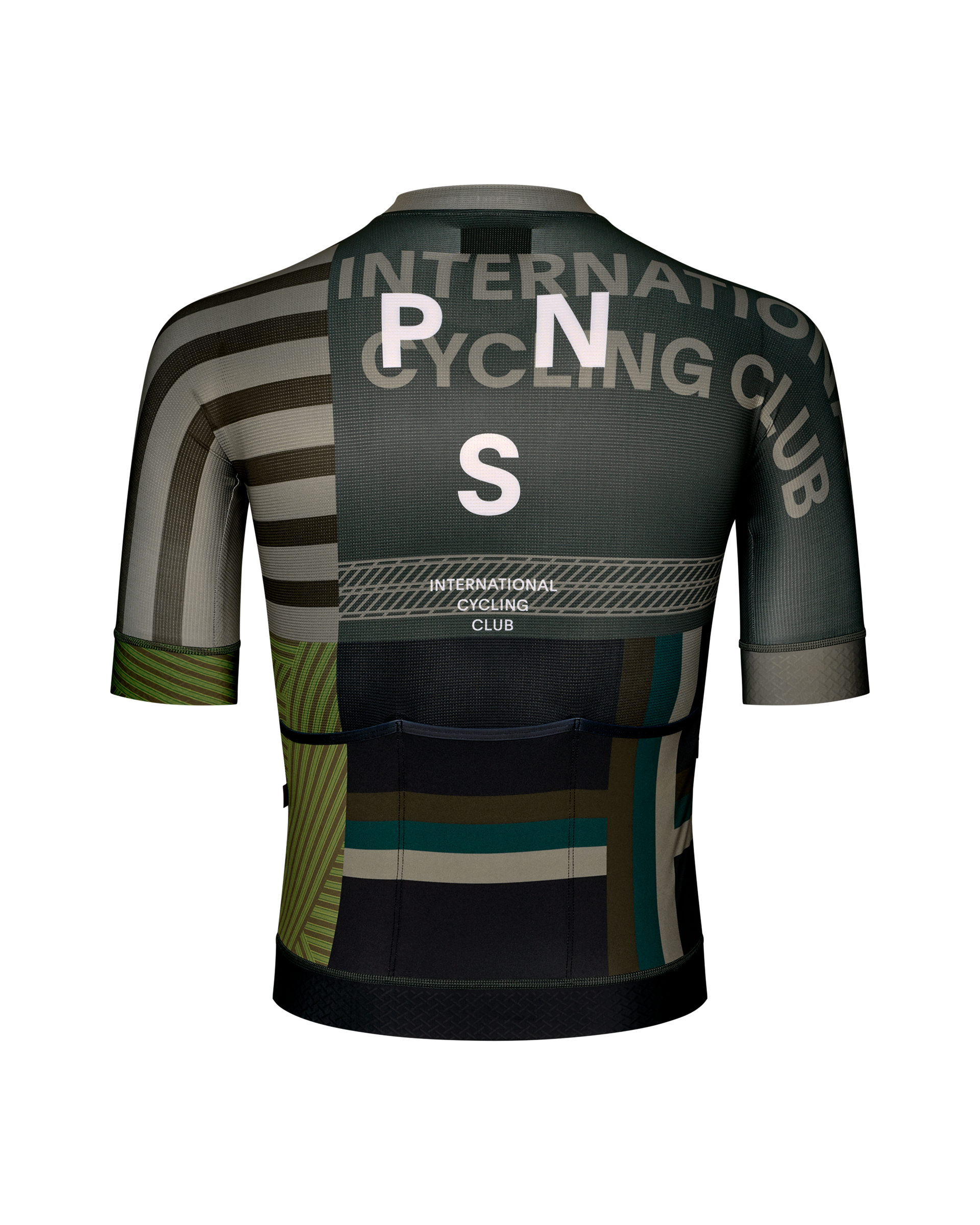 International Earth Mechanism cycling jersey rear flat lay, multicolour stripe print and International Cycling Club back