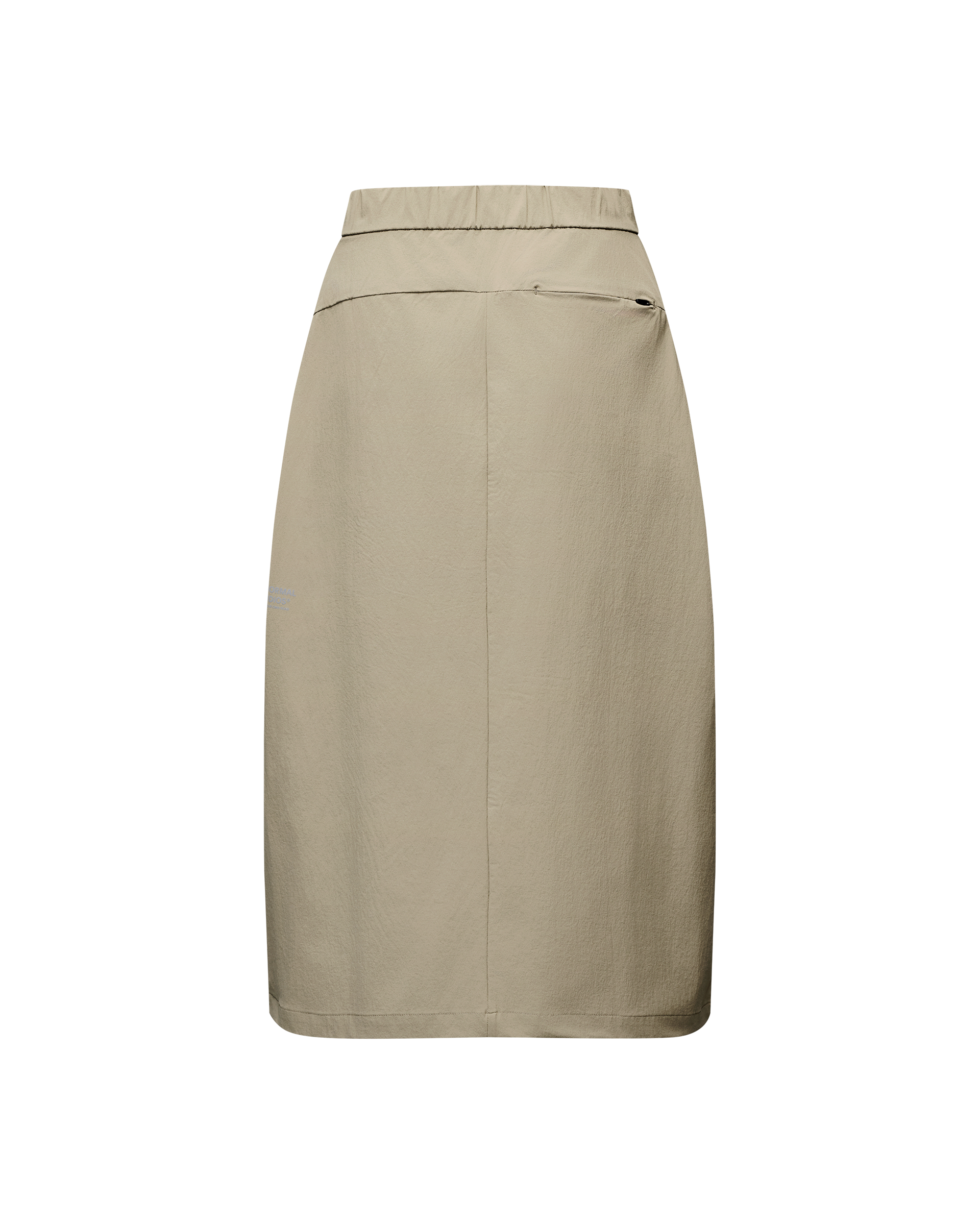 Dusty Earth khaki Off-Race Tech skirt, rear flat lay with elastic waistband and zip pocket