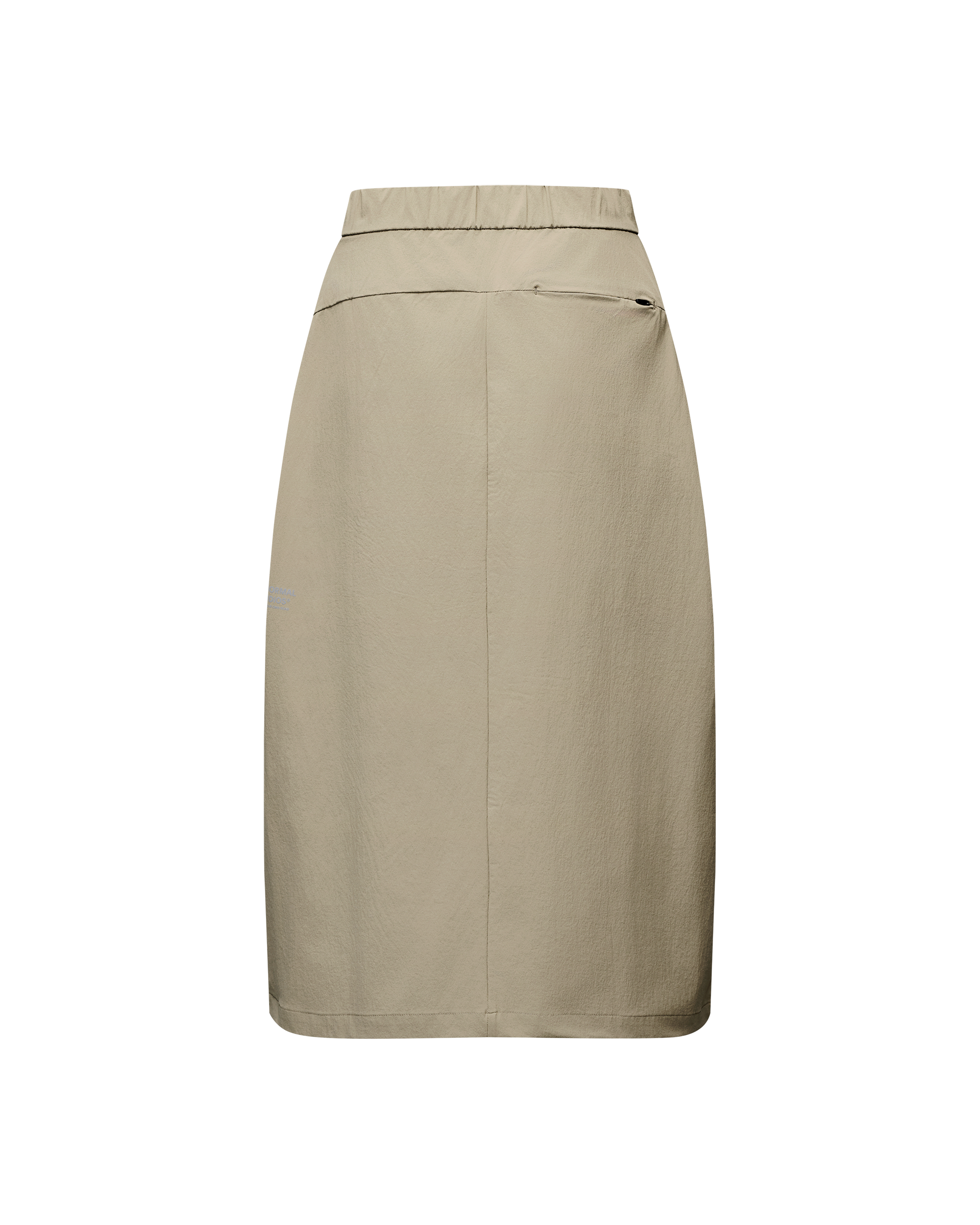 Dusty Earth khaki Off-Race Tech skirt, rear flat lay with elastic waistband and zip pocket