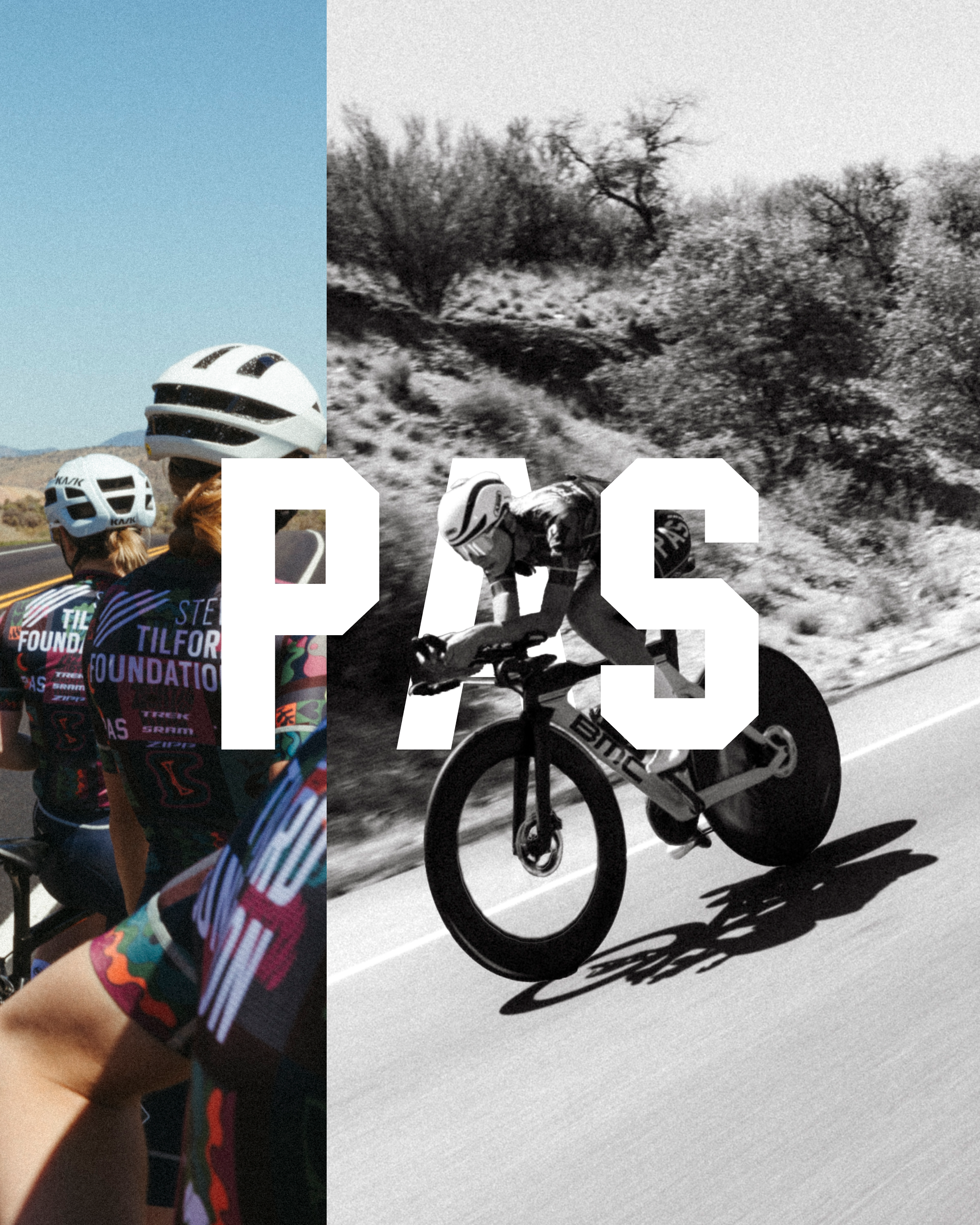 Split-screen cycling image with PAS logo overlay showing colorful jersey and desert road cyclist