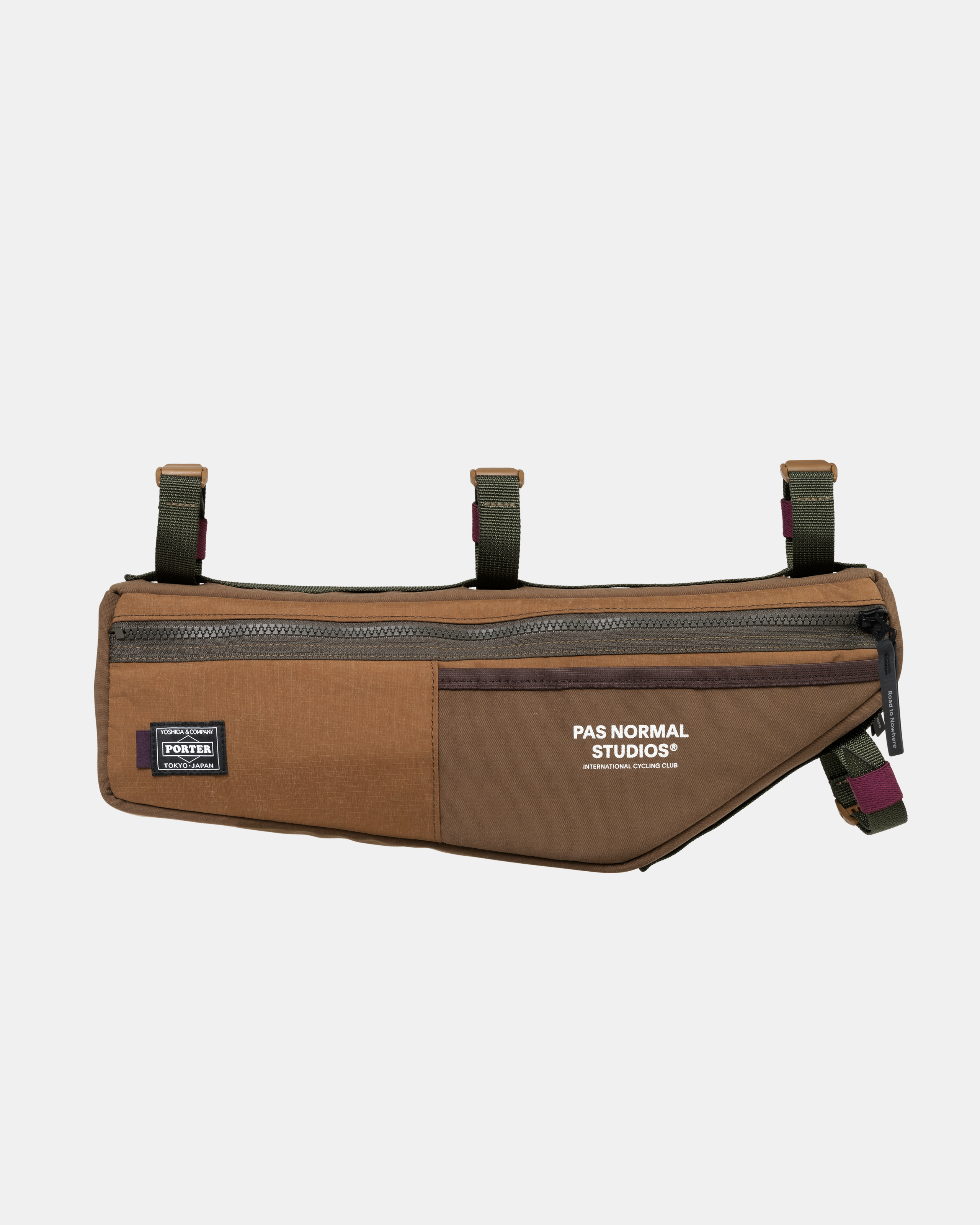 Light Brown Porter-Yoshida frame bag, front three-quarter view with contrast zip and olive mounting straps