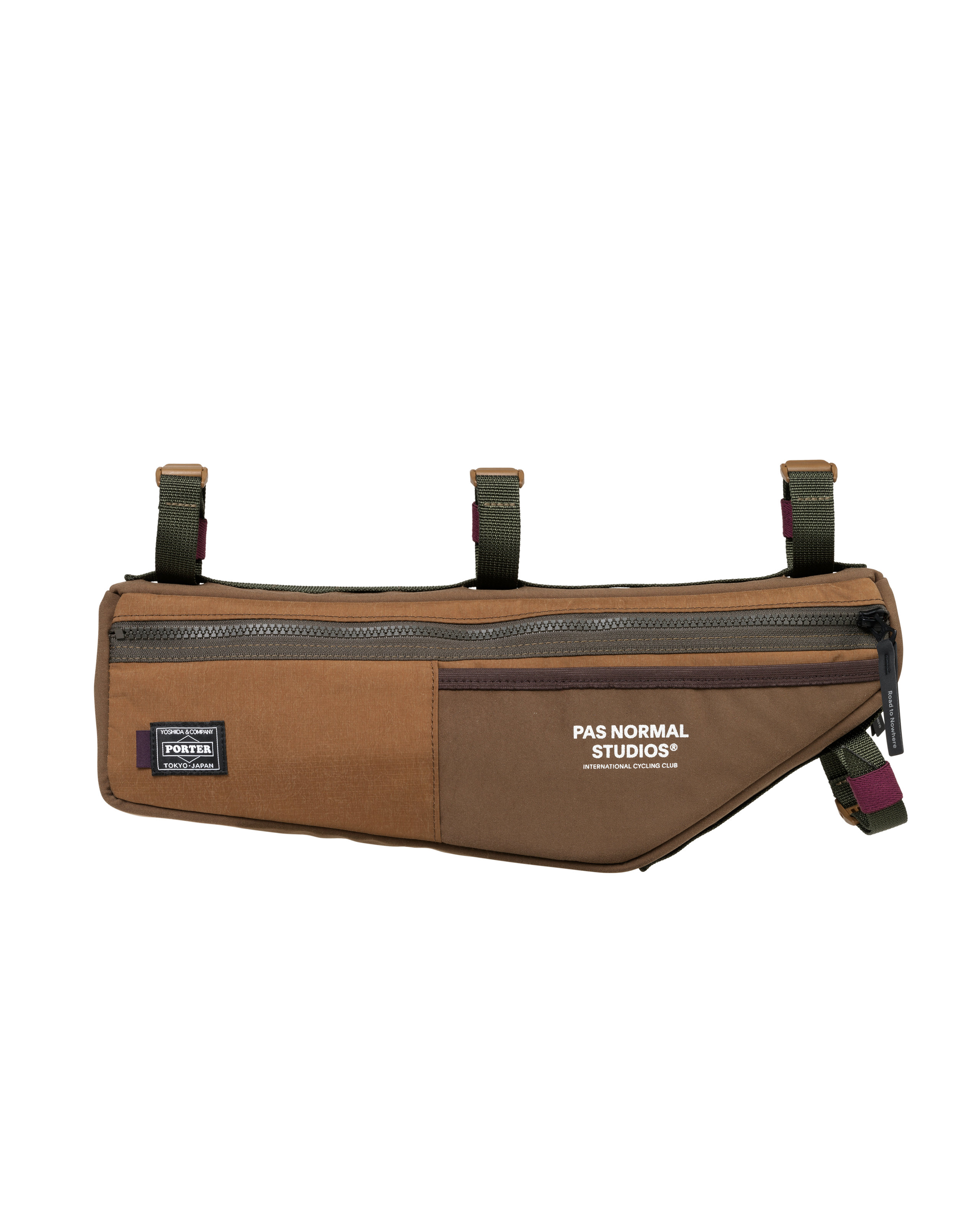 Light Brown Porter-Yoshida frame bag, front three-quarter view with contrast zip and olive mounting straps