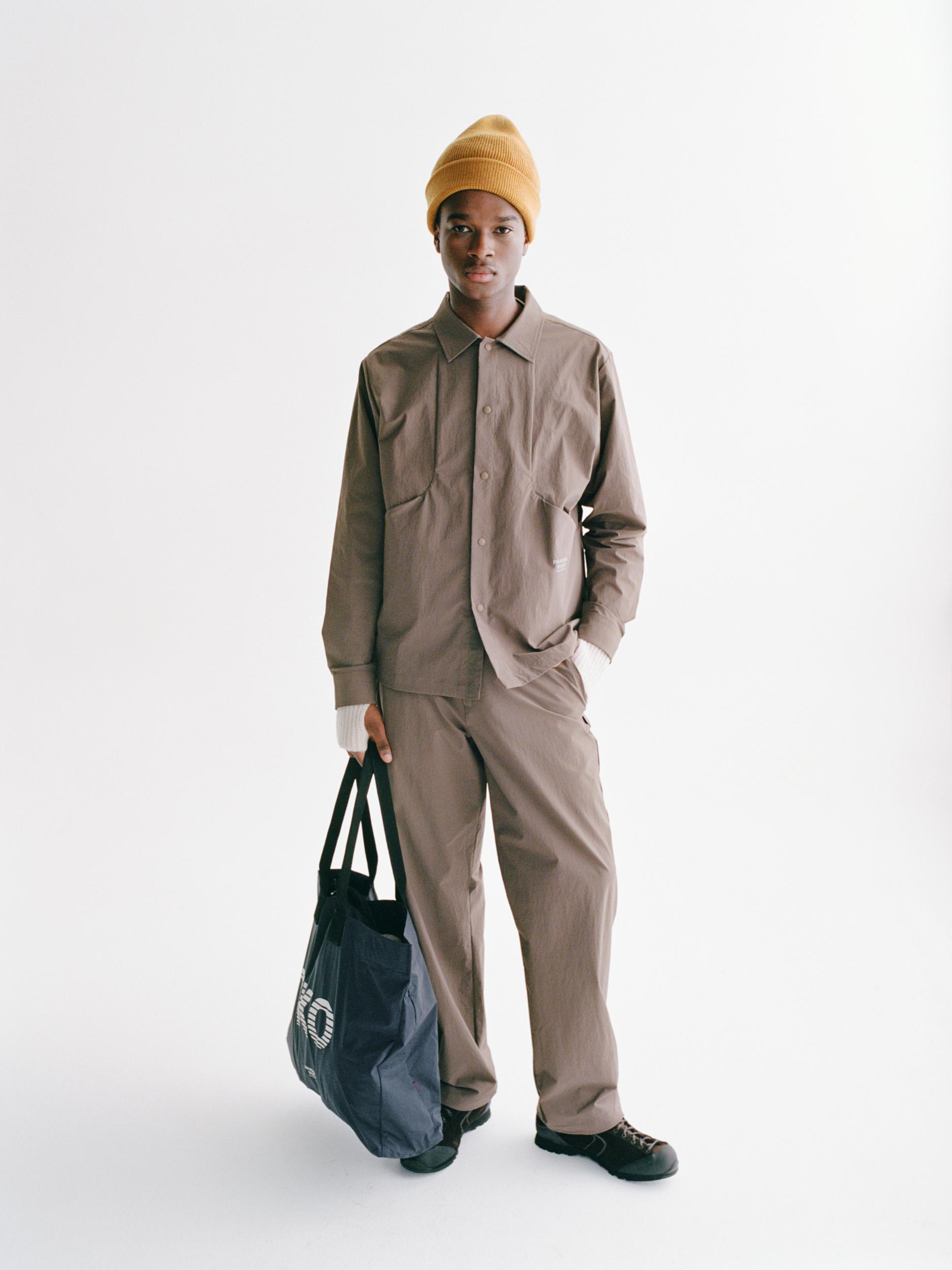 Brown Off-Race Tech Overshirt overshirt on model with button front and chest pocket