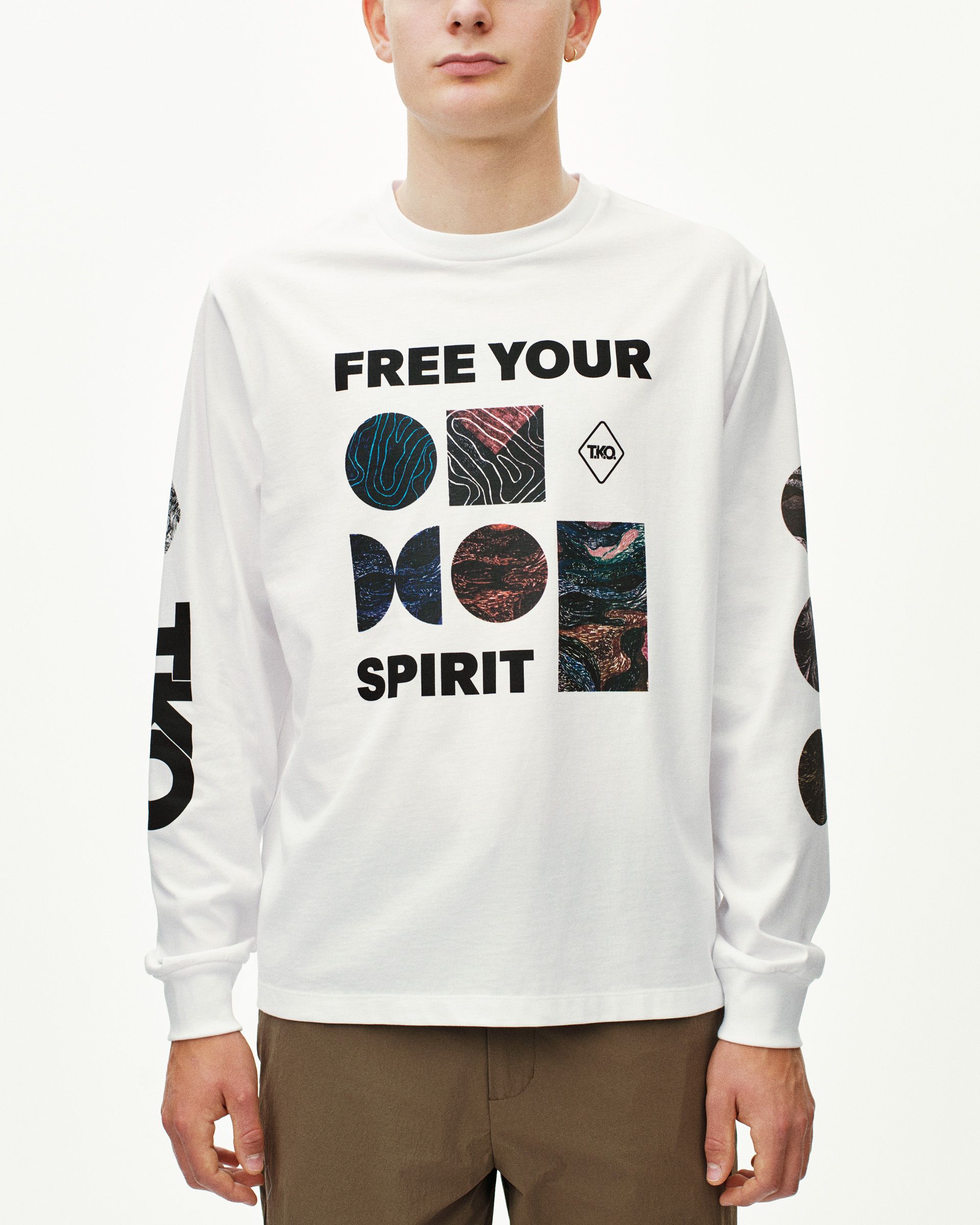 White T.K.O. Off-Race long sleeve T-shirt on model, front view with graphic print and sleeve text