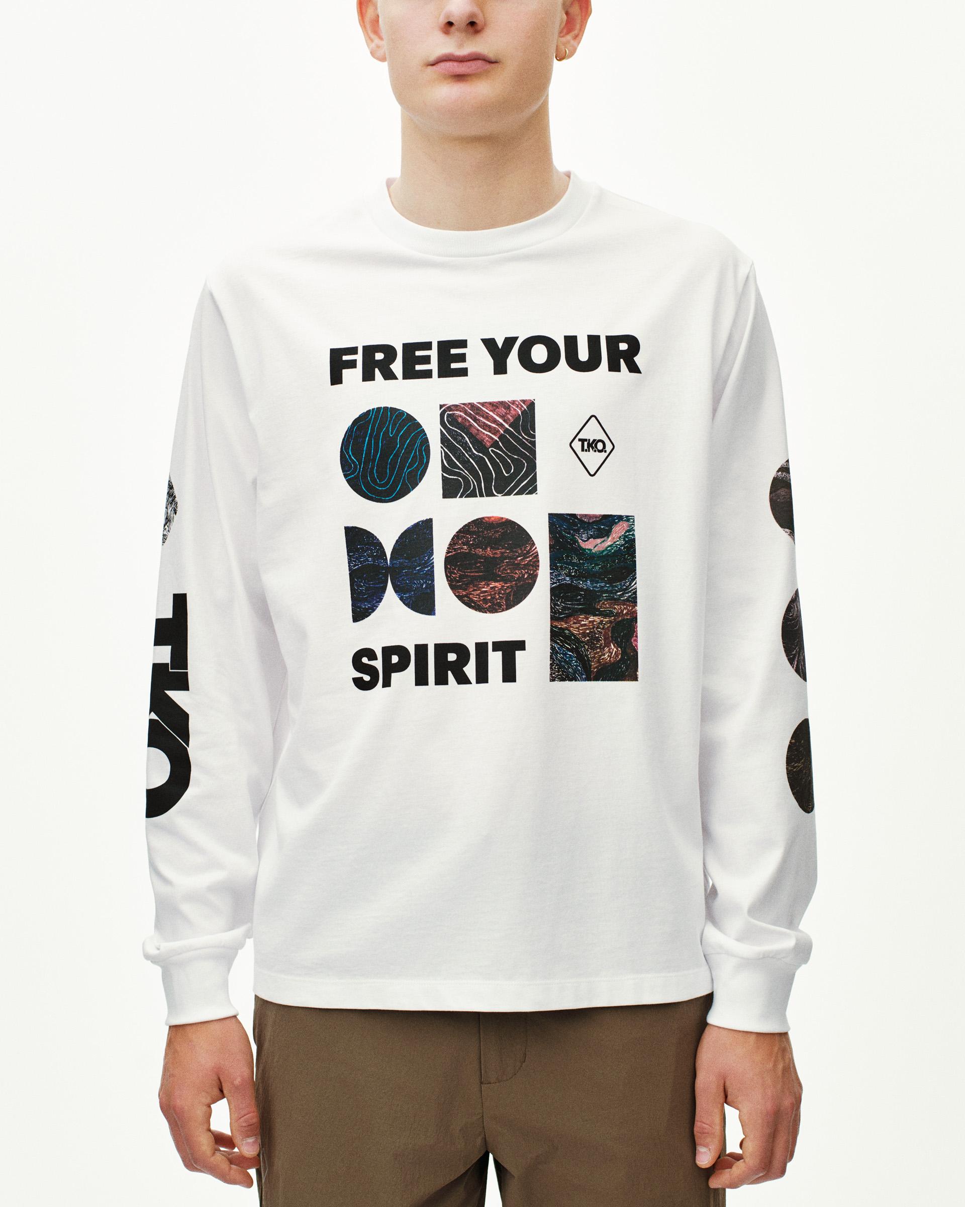 White T.K.O. Off-Race long sleeve T-shirt on model, front view with graphic print and sleeve text