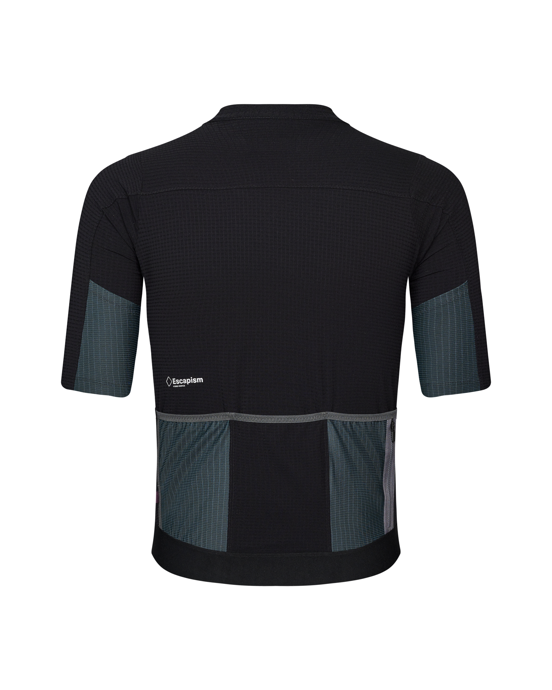 Black Escapism cycling jersey, rear view with teal side panels and back pockets