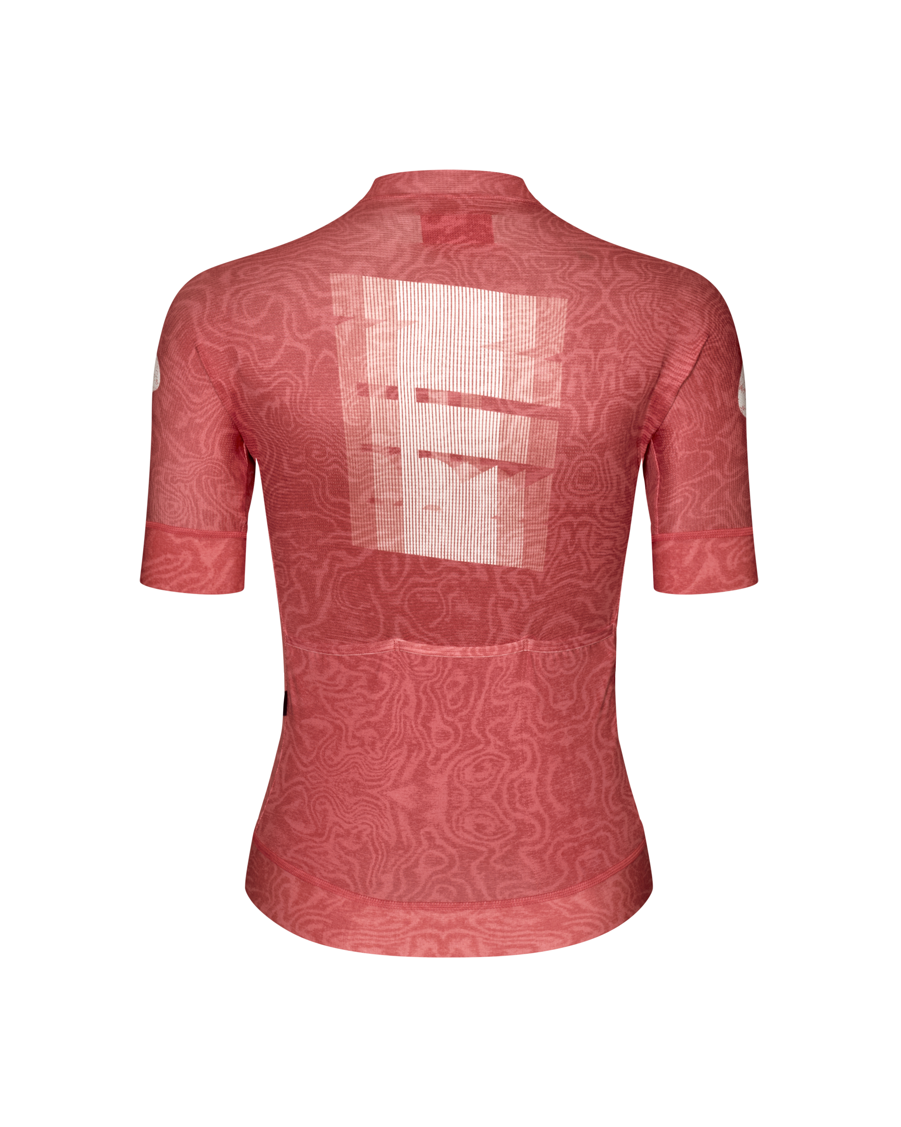 Red Mechanism women's cycling jersey, rear flat lay with tonal topographic print and large graphic back panel
