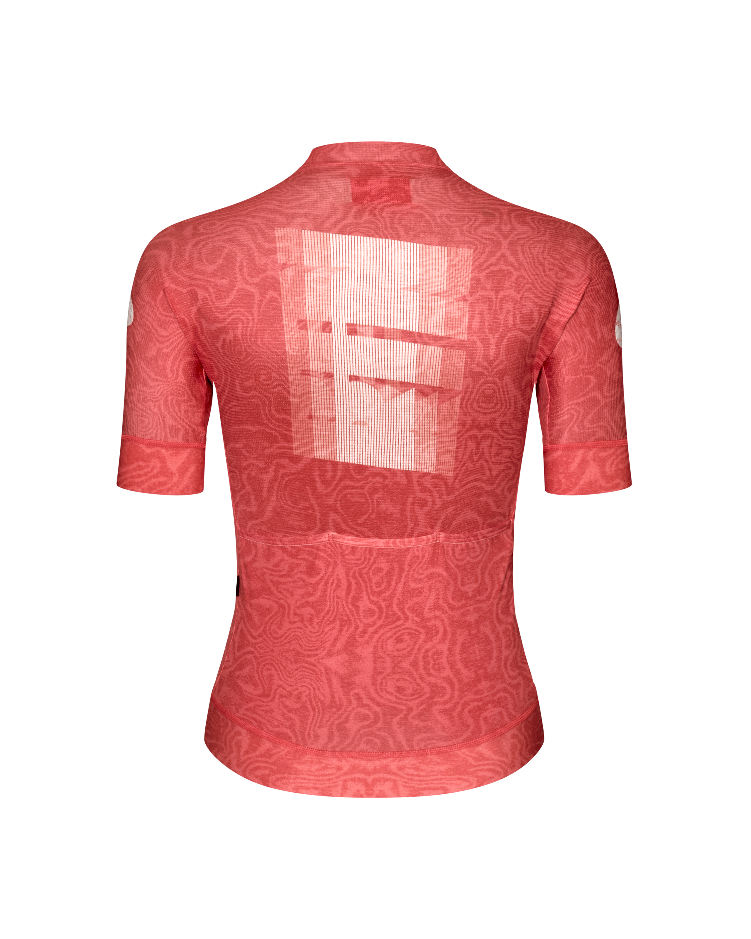 Red Mechanism women's cycling jersey, rear flat lay with tonal topographic print and large graphic back panel